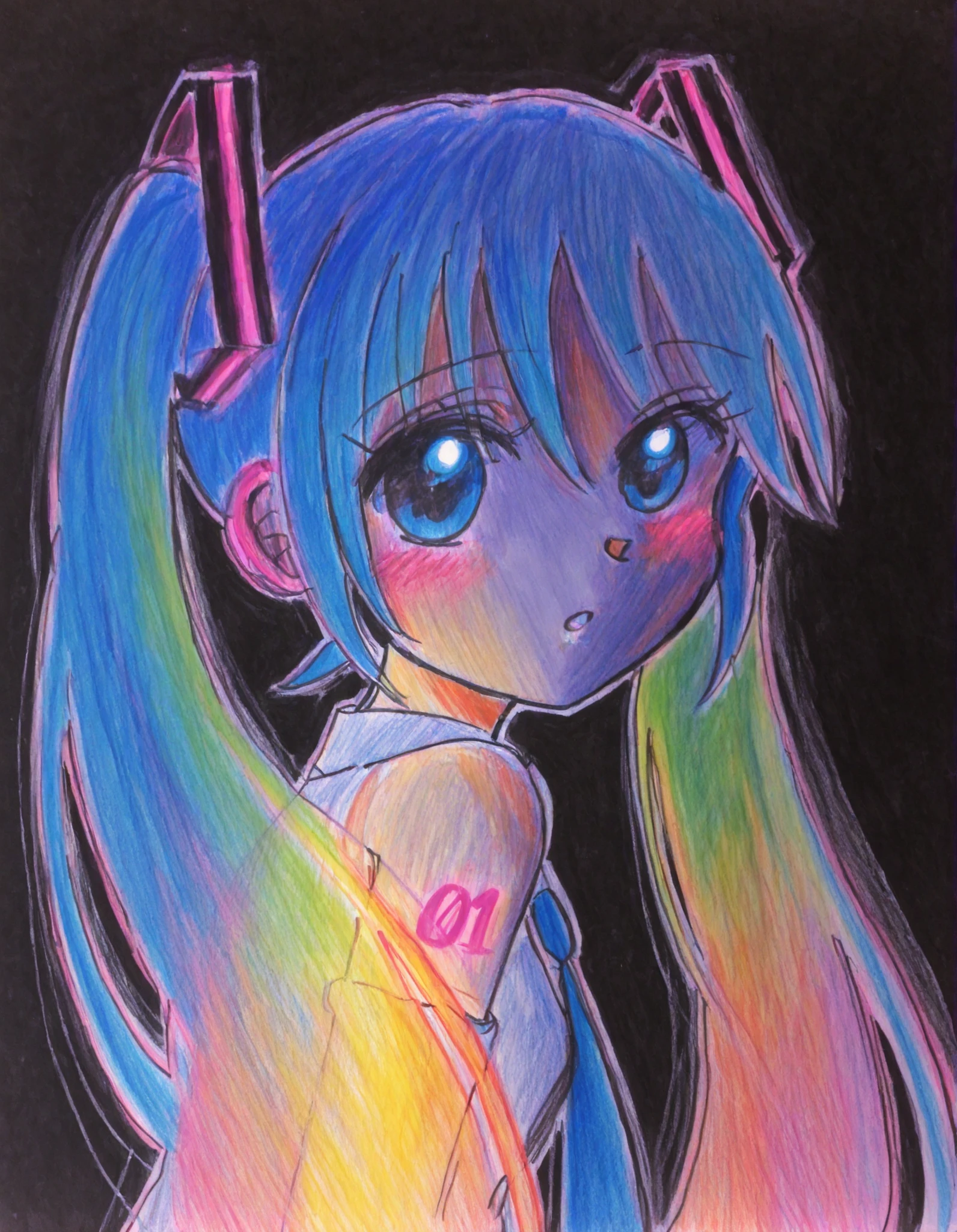 momoiro-melon_style, hand-drawn, traditional art, analog style,, Hatsune Miku, limited palette, black background, colorful, vibrant, glowing outline, neon, blacklight, looking at viewer, masterpiece, very aesthetic