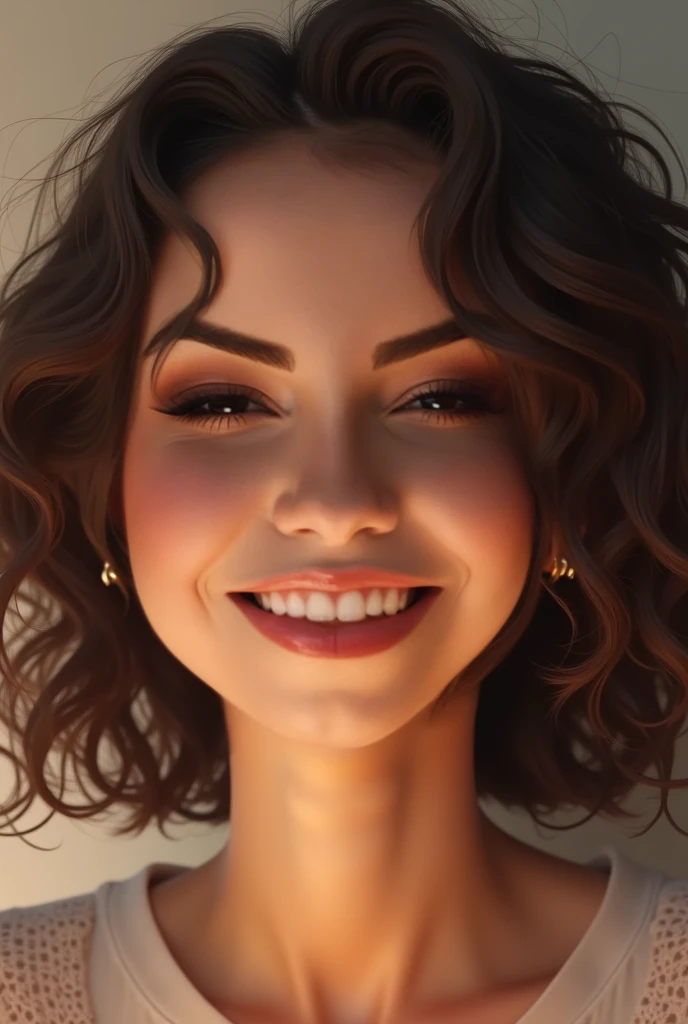 (a cute woman:1.2, pose:1.2,smiling),beautiful face,curly hair,sparkling eyes,red lips,shiny glow.