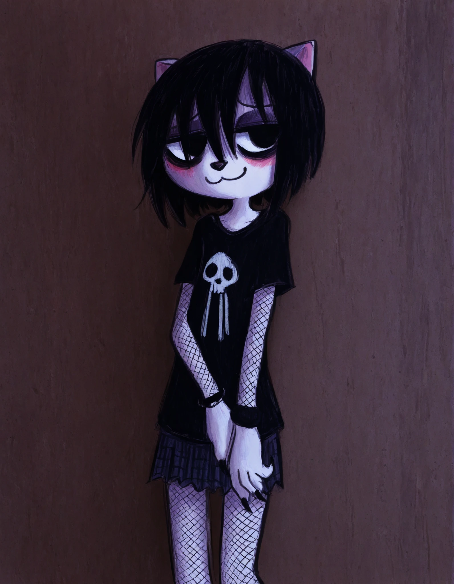 momoiro-melon_style, hand-drawn, traditional art, analog style,, volumetric_lighting, chiaroscuro_lighting, vibrant, shaders, against_the_wall, arched_back, 1girl, interior, solo, detailed, furry, cat, skinny, smug, ((cute_clothes, emo, fishnets)), white_fur, cute, claws, stare, soft_light, stylized, SuchHorriGir,