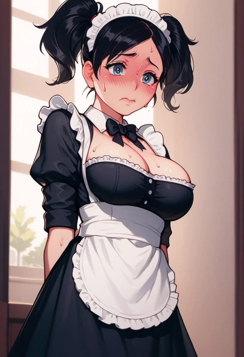 score_9, score_8_up, score_8, 1girl, princess jasmine, , dark skin, maid uniform,black minidress, short sleeves, puffy sleeves, fishnet stockings, marble floors, garter and stockings,, headdress, black micro dress,  , detached collar, choker, french maid uniform, waist apron,  breasts,  , wide hips, thick thighs, indoors, slutty, large breasts, wide hips, ,mansion setting, blurry background, , , ,, smile, , large breasts, , , , cowboy shot ,score_7_up,score_6_up,masterpiece, ,cartoon, hands on hips