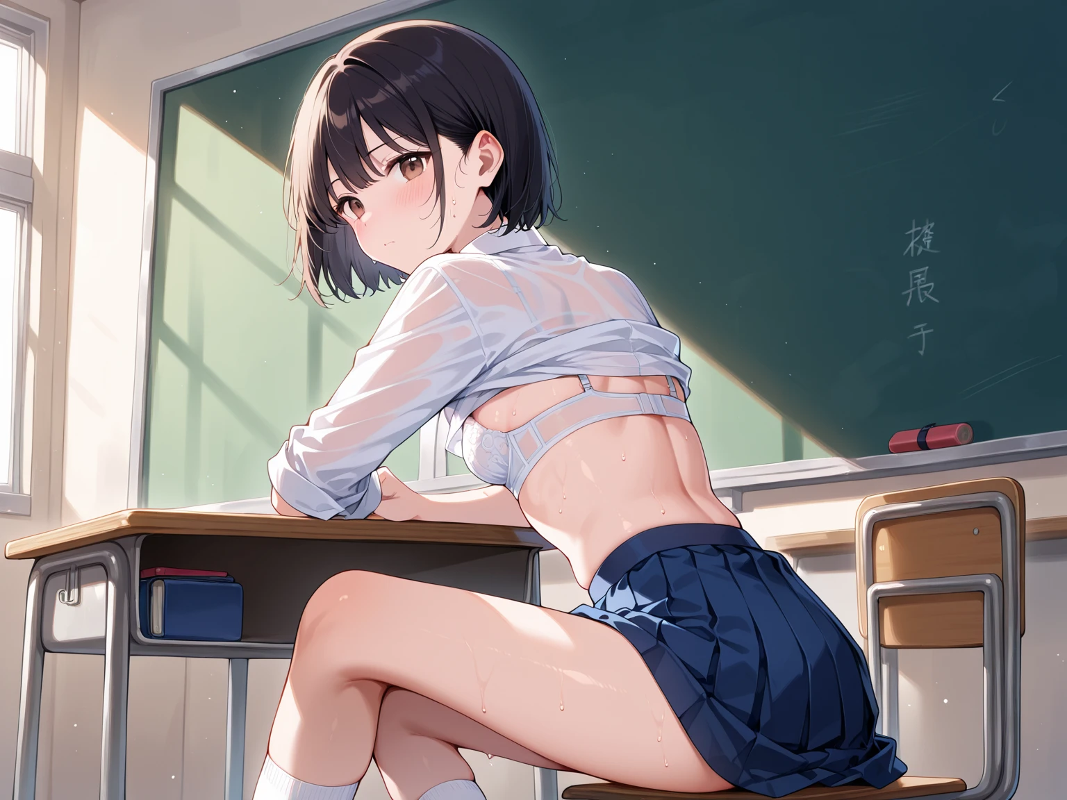 (masterpiece,Best Quality,Detailed beautiful face and eyes,Perfect Anatomy,beautiful illustrations,best anime),cowboy shot,(1woman,solo),sweaty、sweat,25 year old beauty、brown hair、long hair ,blunt bangs,brown eyes,teaful,Scared look、perfect proportion,slender body,skinny,medium breasts,gleaming skin,oliy skin,shiny skin,sitting,Stuffy crotch、camel toe,Cute white panties、School uniform、collared shirt、white shirt、short sleeve、navy blue tie、Dark blue skirt、pleated mini skirt、Cotton fabric panties、,Black High Socks、daytime、sunlight、classroom、school building、Schools in Japan、