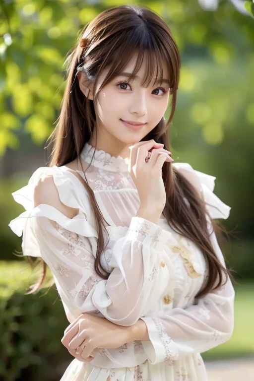  highest quality、Super detailed,、finely、High resolution、beautiful eyeedium long hair、hair fluttering in the wind、brunette hair、Standing in the creek、19 year old beauty、Photographed from the knees up、cute smile、face light、Sheer baby doll、、eight-headed body、beautiful woman、gravure、 pose、beautiful skin、japanese woman