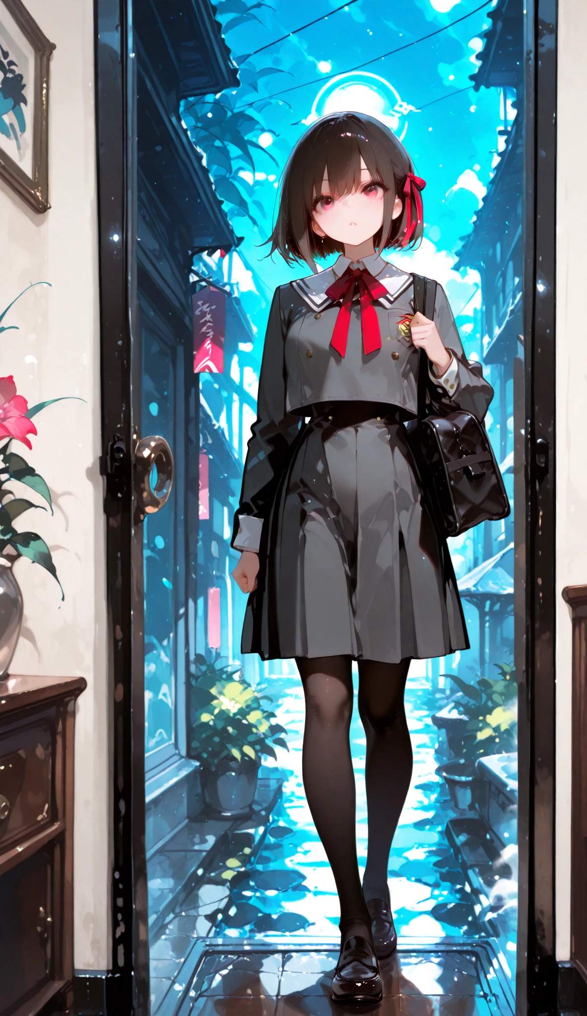 masterpiece、top quality、Full Body、spy schoolgirl、School uniform、Hidden Weapon、、Occasionally crazy personality、Covert Actions、sharp gaze、mysterious atmosphere