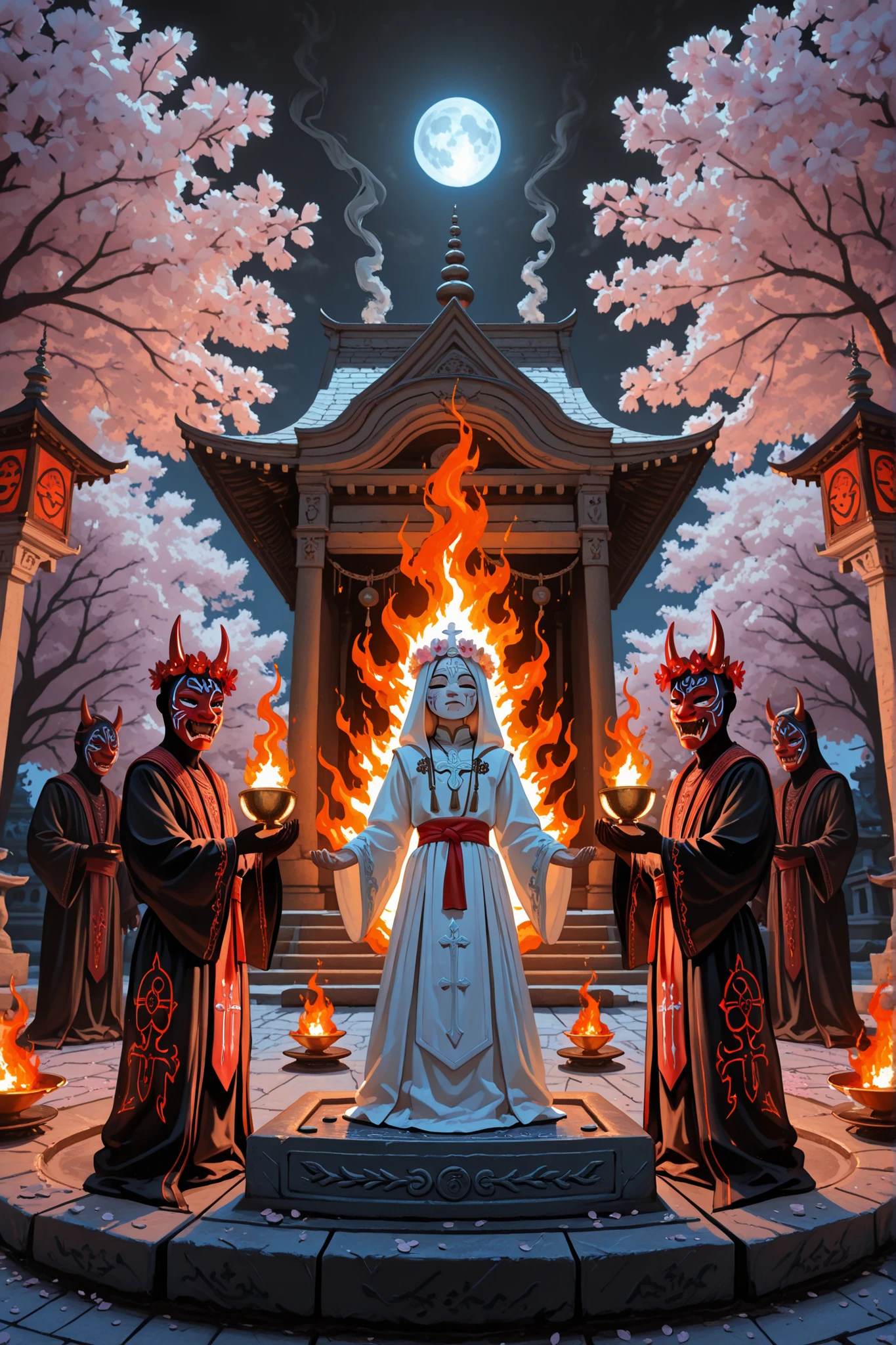 full body, angled view, from top,
multiple characters,
/(priests, male, wearing traditional ceremonial robes with embroidered fire symbols/),
/(1girl, female, young, wearing white ceremonial garments with red sash, flower crown, ritual body paint, layin, on bac, on stone plate, sacred stone plate/),
masked dancers representing oni spirits, drummers, spectators holding paper lanterns,
Japanese fire festival, ceremonial performance, ritual dance positions,
ancient stone altar with dragon carvings, ceremonial fire bowls, sacred flames, temple courtyard, stone pagoda, cherry blossoms,
nighttime setting, full moon,
dramatic lighting from fire sources, smoke effects,
cinematic composition, historical photography style,
best quality, RAW photo, ultra-detailed