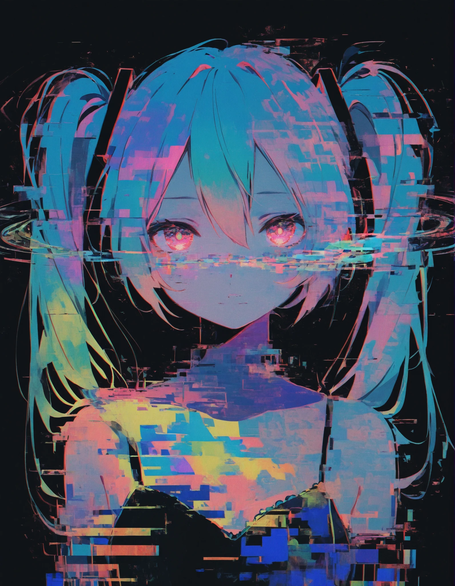 m4ndo_genai_style,abstract,glitch,, Hatsune Miku, limited palette, black background, colorful, vibrant, glowing outline, neon, blacklight, looking at viewer, masterpiece, very aesthetic