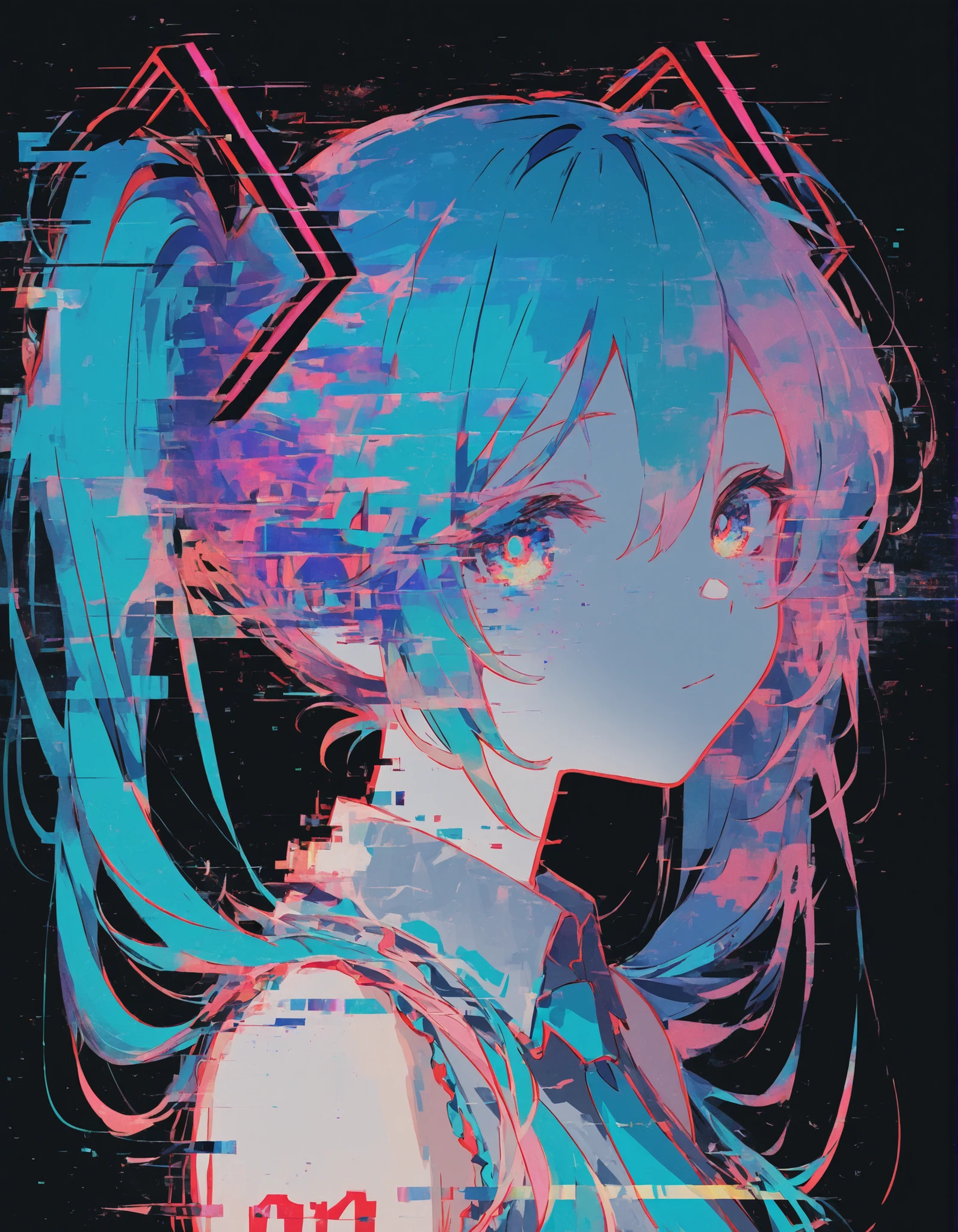 m4ndo_genai_style,abstract,glitch,, Hatsune Miku, limited palette, black background, colorful, vibrant, glowing outline, neon, blacklight, looking at viewer, masterpiece, very aesthetic