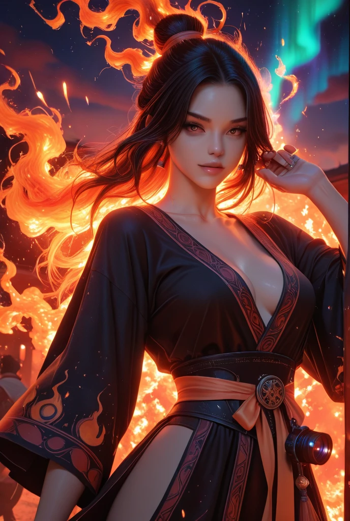 solo , solo girl, 1 girl, perfect , maximum sharpness, high definition, UHD, beautiful, mei, mei queen, black dress, low cleavage, wavy red hair, red hair, golden eyes, detailed eyes, beautiful eyes, , one-piece dress, , sensual, night, dark night, , ruins, magnolia, traditional Chinese architecture, perfect ,