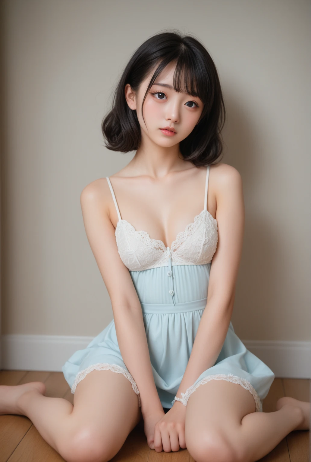 gray hair，Cat ear，pink eyes，Light blue Lolita，white tights，pink bow，in the room，kneeling on the bed