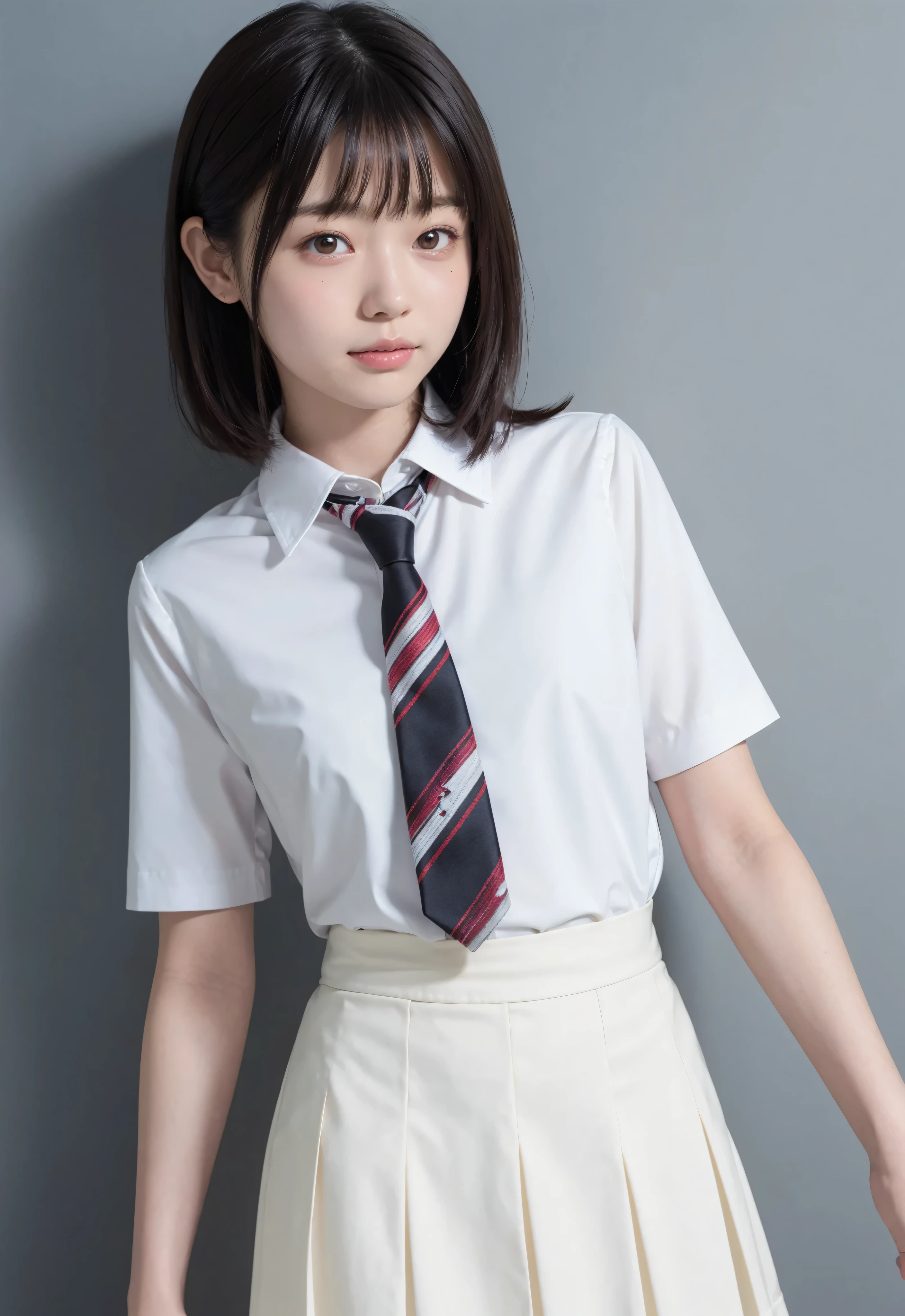 Japanese Girls、14-year-old girl、Short Hair、Blonde、bangs、Brown eyes、Short Bob Cut、Perfect figure、Transparency、Gloss、Glosodest chest、、Navy blue tie、White shirt、Navy Blue Skirt、Hirotake、Burning Body、Gravure idol pose、Light blue wall、Beautiful legs、Strong sunlight、dirty、雨にWet体、Wet