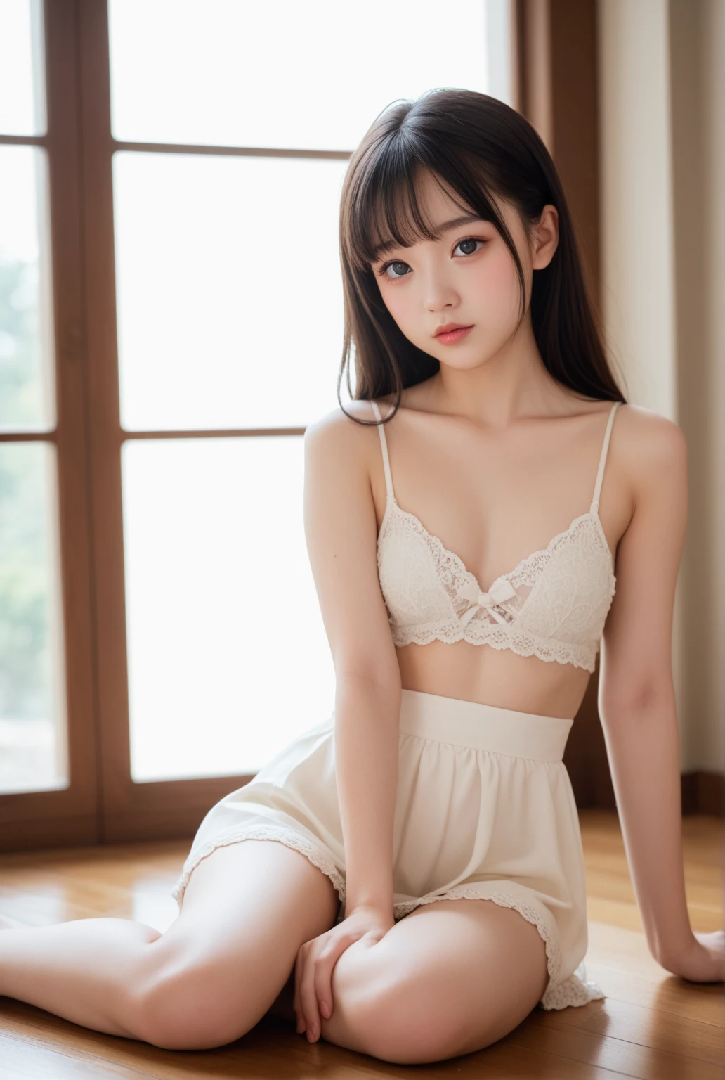 raw photo, 8k, (top-quality), Realistic, (real picture, Intricate details), (natural skin texture, detailed skin, hyper realism, sharpness), (Japanese teenage glasses girl sitting on bed in a hotel), (school uniform), White shirt, no tie, (open front of shirt, black bra), short pleated skirt is plaid, white Socks, (pale skin:1.2), slender body, ((braid hairstyle, blunt bangs)), (glasses seductive face, Parted lips:1.3, eye bag:1.2, red lip, undereye circle, thick lips), thighs, red wallpaper:1.3, full body shot