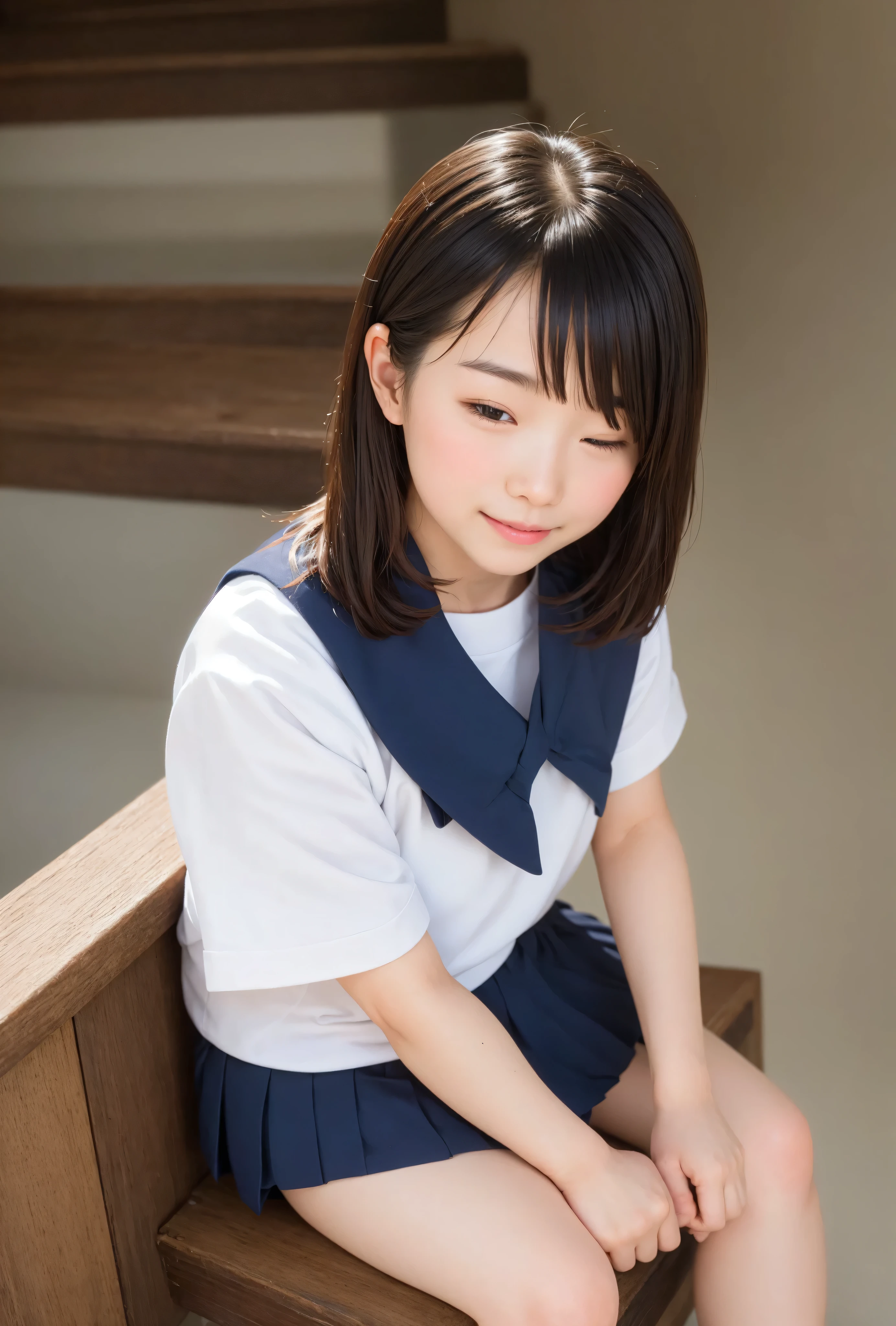 8K Wallpaper,younger、 sailor suit、白色の sailor suit、 miniskirt、 sitting on the stairs、 slim figure、 girl、 stylish hairstyle 、 sitting on the stairs、半袖の sailor suit、's stomach is split in two and I can see everything、 tight waist、 Simple White Sneakers,perfect dynamic configuration,actual image、 and above in Hellfire,happy expression、femininity大学生,幼さの残る可愛い girl、 cute girl、femininity、 realistic texture 、smile with eyes closed、 cute smile、 amazing section,Natural lip shape,Natural Eye Shape   、size、 beautiful detailed eyes