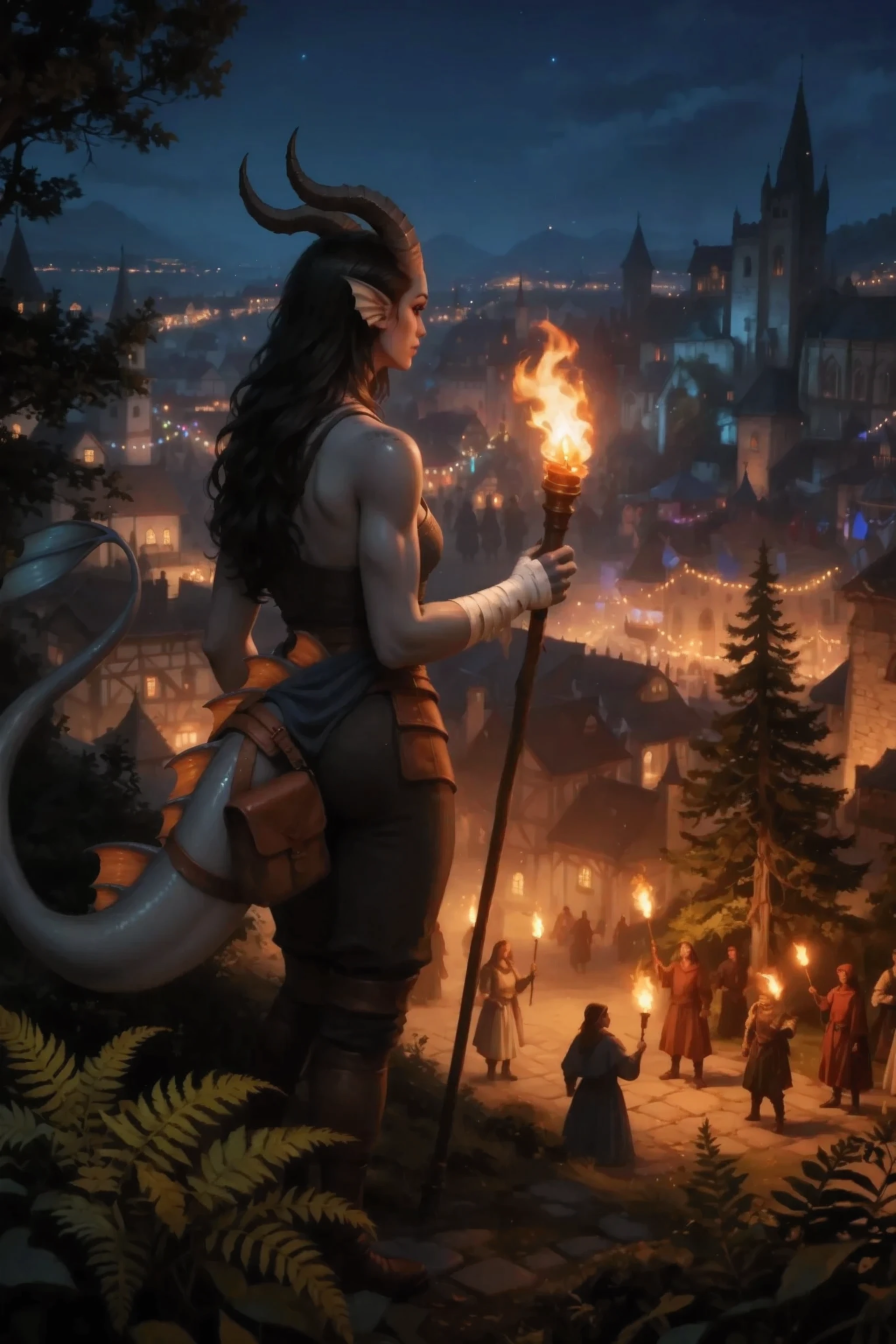 An ancient medieval fantasy night town with colorful carnival lights. Kedra,  dark blue-gray skin , (completely black eyes and a completely black skeleton:1.2), (pigmentation of the shoulder:1.2), fins on her head, dark blue-gray horns, Loose black hair, hand bandages, ( Best hands ). (5 dark blue-gray fingers), holding a torch in hand, against the background of a medieval fantasy city and a festive carnival, people in medieval clothes are standing with torches in their hands, [Dark gloomy shot], [darkrain], ferns grow in the foreground. Cedars.
masterpiece, insemination best quality, ultra-detailed,  A cinematic emotional static frame, 8K UHD, extremely detailed, physical visualization, HDR.

