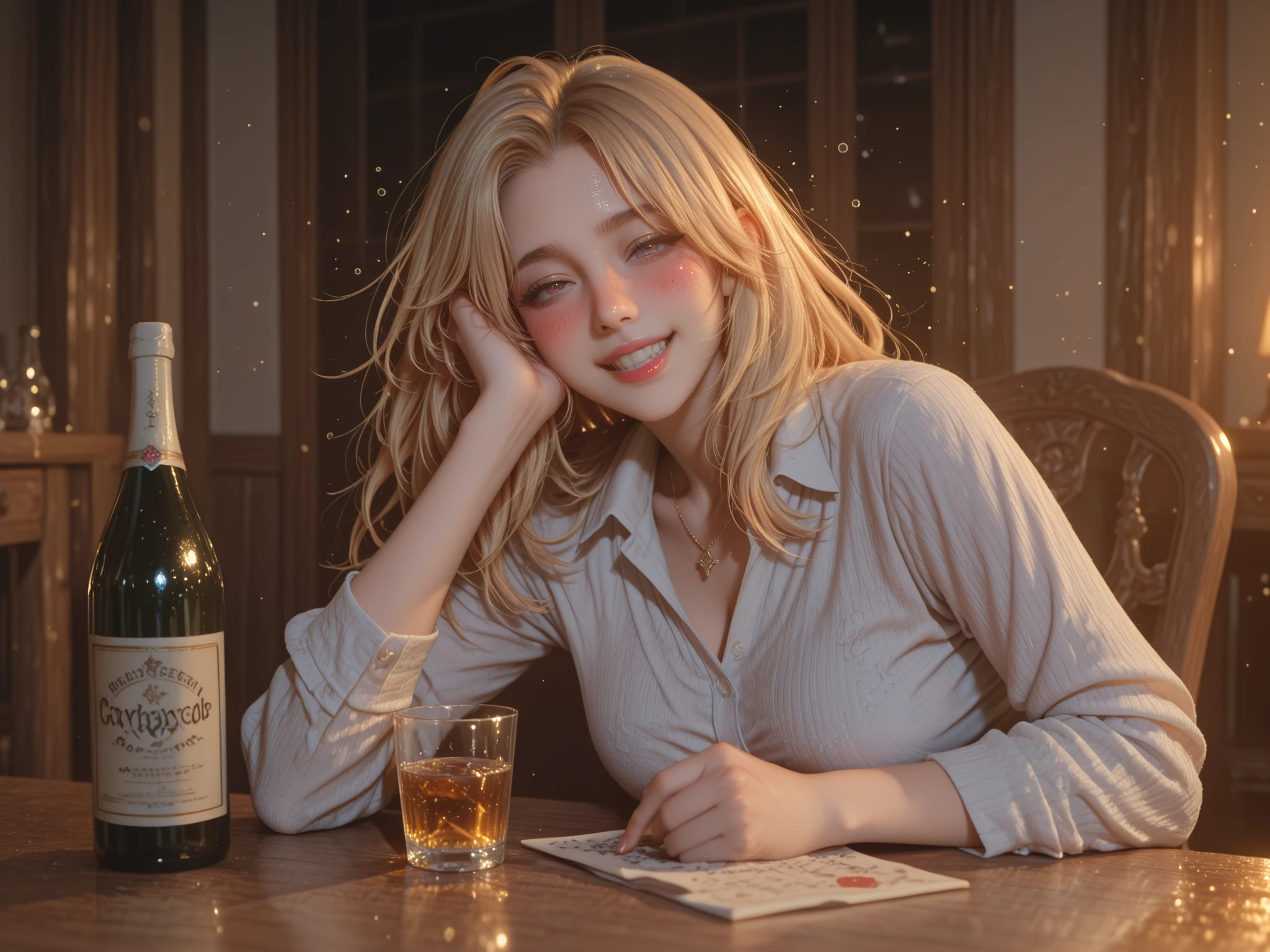 a 50-year-old woman with short hair and blonde highlights, sitting sideways with legs up wearing denim shorts and a red plaid blouse and holding a glass of wine, shoe. Full-body image