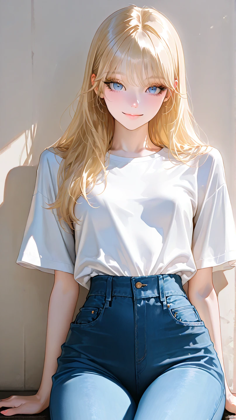 Little pretty girl、Long Hair、Natural Blonde Hair、Light blue eyes、whole body、Standing straight and facing forward