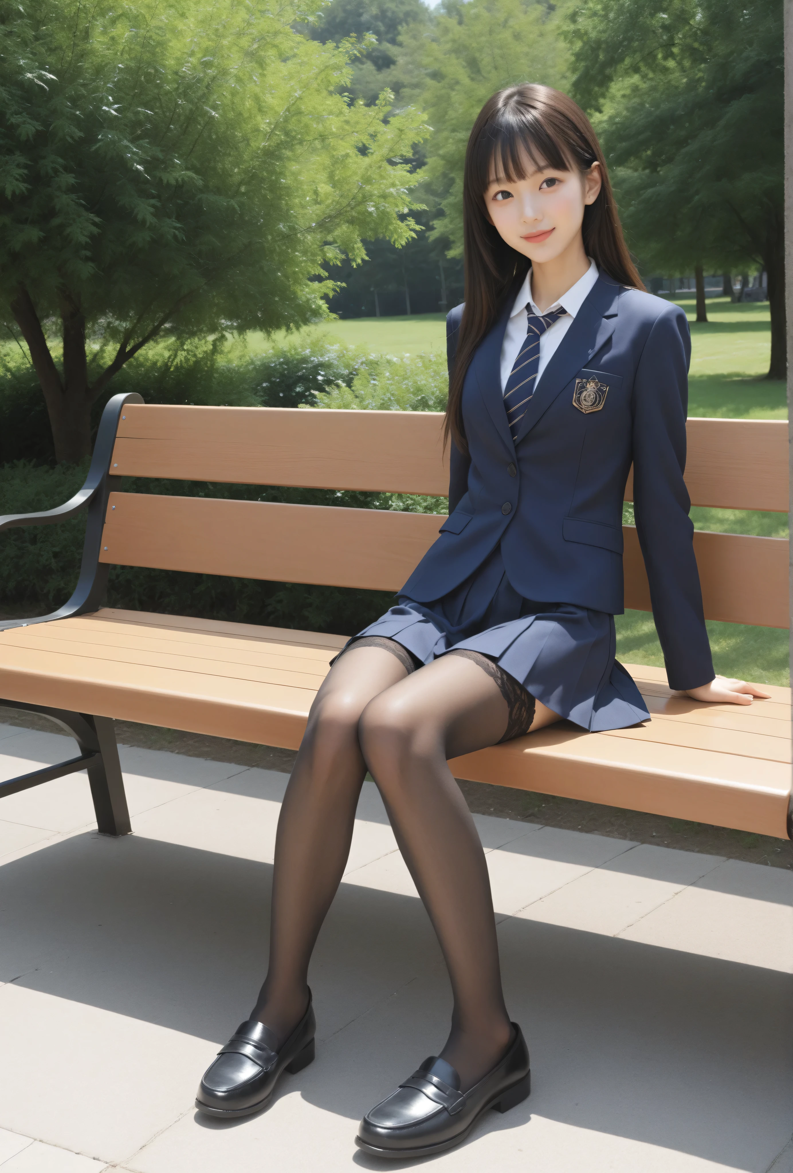 ((cute young girl:1.2)),lanky,rating_safe,short,(skinny:1.5),slender,thin body,younger,score_7_ up,score_8_ up,score_9,navy breetz skirt,realistic on pho,Sitting on a Park Bench,shot from the ground,school uniform,small breasts,Japanese,(white skin:1.0),(Smile Yan:0.7),thin legs,Navy long sleeve blazer,Narrow Shoulder,sitting with her legs crossed,(black lace stockings:1.4),Black Loafers
