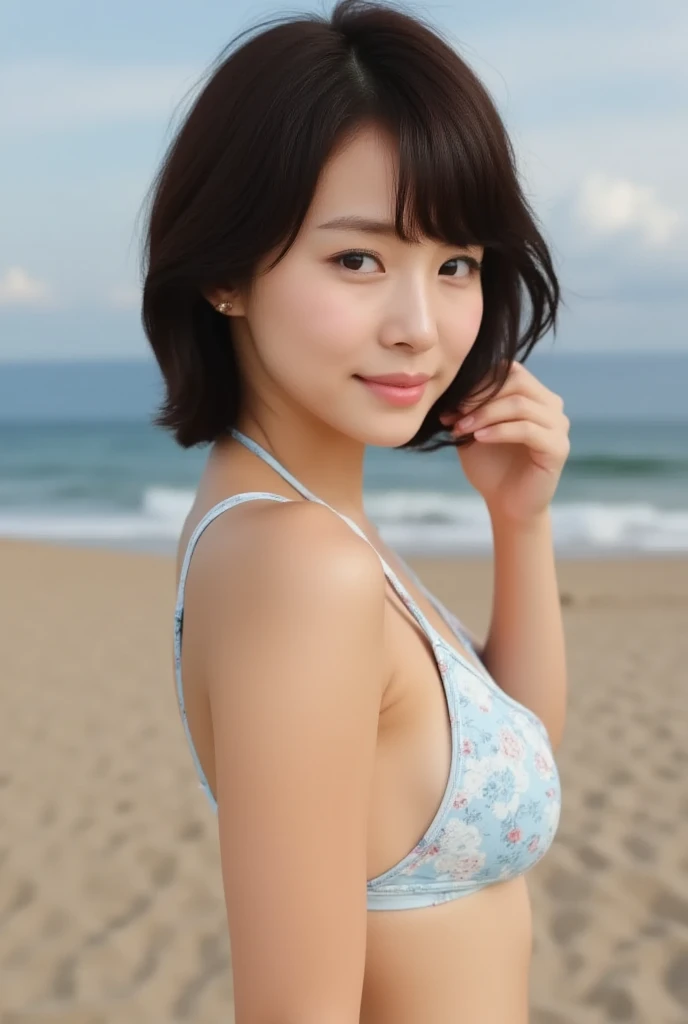 masutepiece, Best quality, illustration, Ultra-detailed, finedetail, A high resolution, 8K wallpaper, Perfect dynamic composition, Beautiful detailed eyes, Colorful one-piece swimsuit,Short Bob Hair,Natural color lips, Bold ???? pose,Smile,Harajuku、20 years girl、beachside，sandbeach，the setting sun，evening light，artificial lights，Look at the ???? shots of the lens