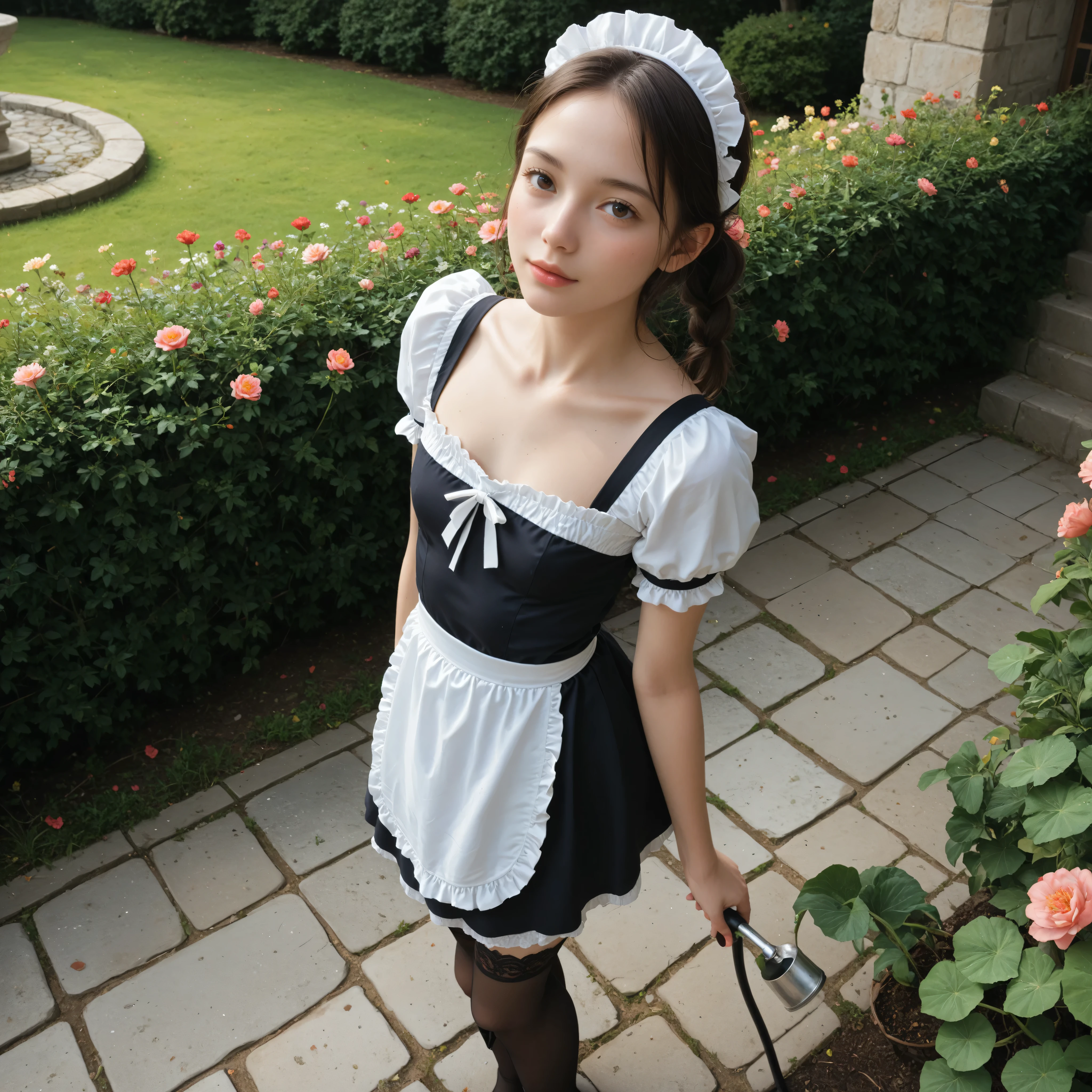 1 girl、maids,watch viewers,(skinny:0.64),(younger:0.60),from above,Leaning Forward,(big boobs:-0.38),is watering flowers outside the mansion,japanese,(Smile Yang:0.24),black lace stockings