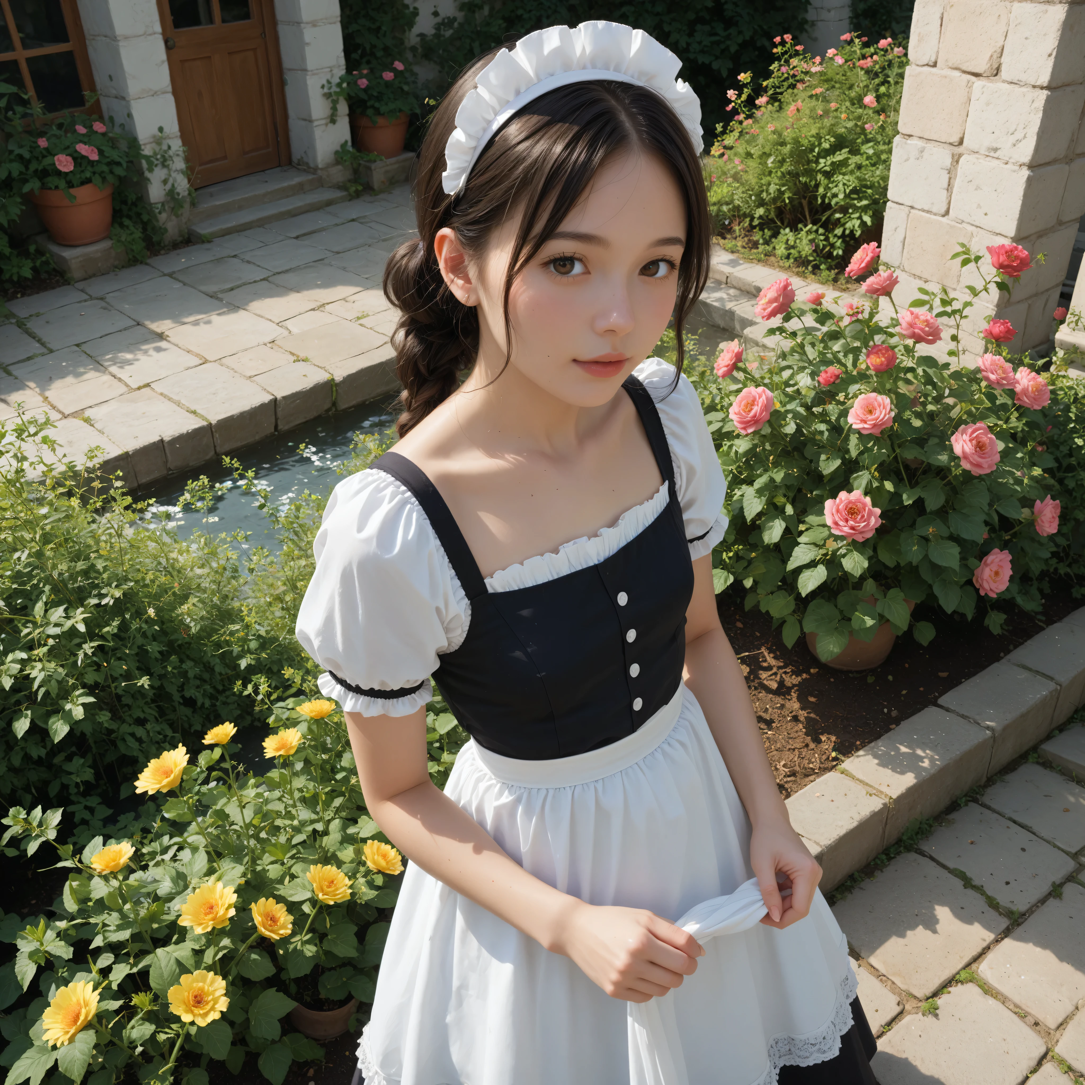 1 girl、maids,look at viewers,(skinny:0.64),(younger:0.60),from above,lean forward,(big breasts:-0.38),watering flowers outside the mansion,Japanese,(Smile Yan:0.24),black lace stockings