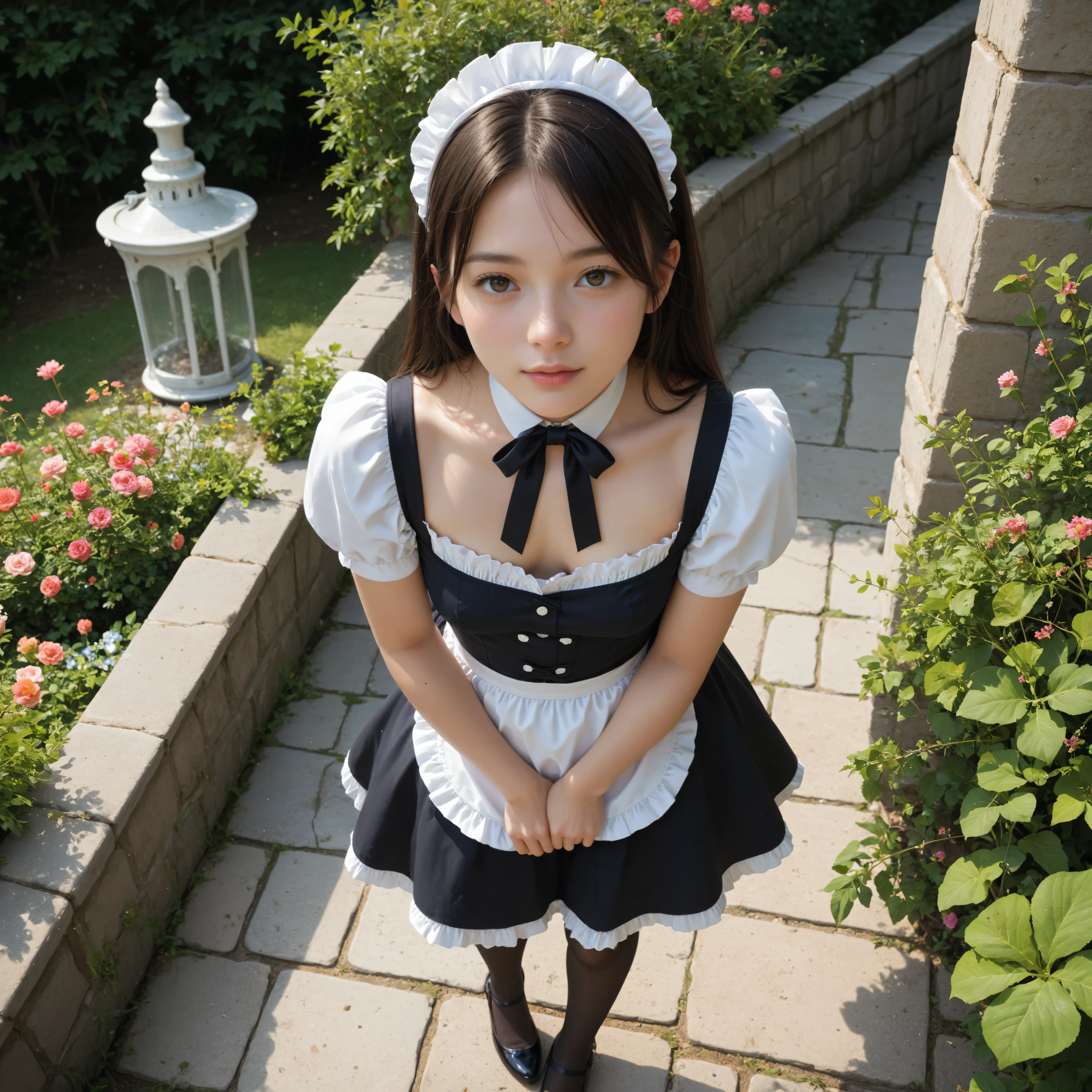 1 girl、maids,watch viewers,(skinny:0.64),(younger:0.60),from above,Leaning Forward,(big boobs:-0.38),is watering flowers outside the mansion,japanese,(Smile Yang:0.24),black lace stockings