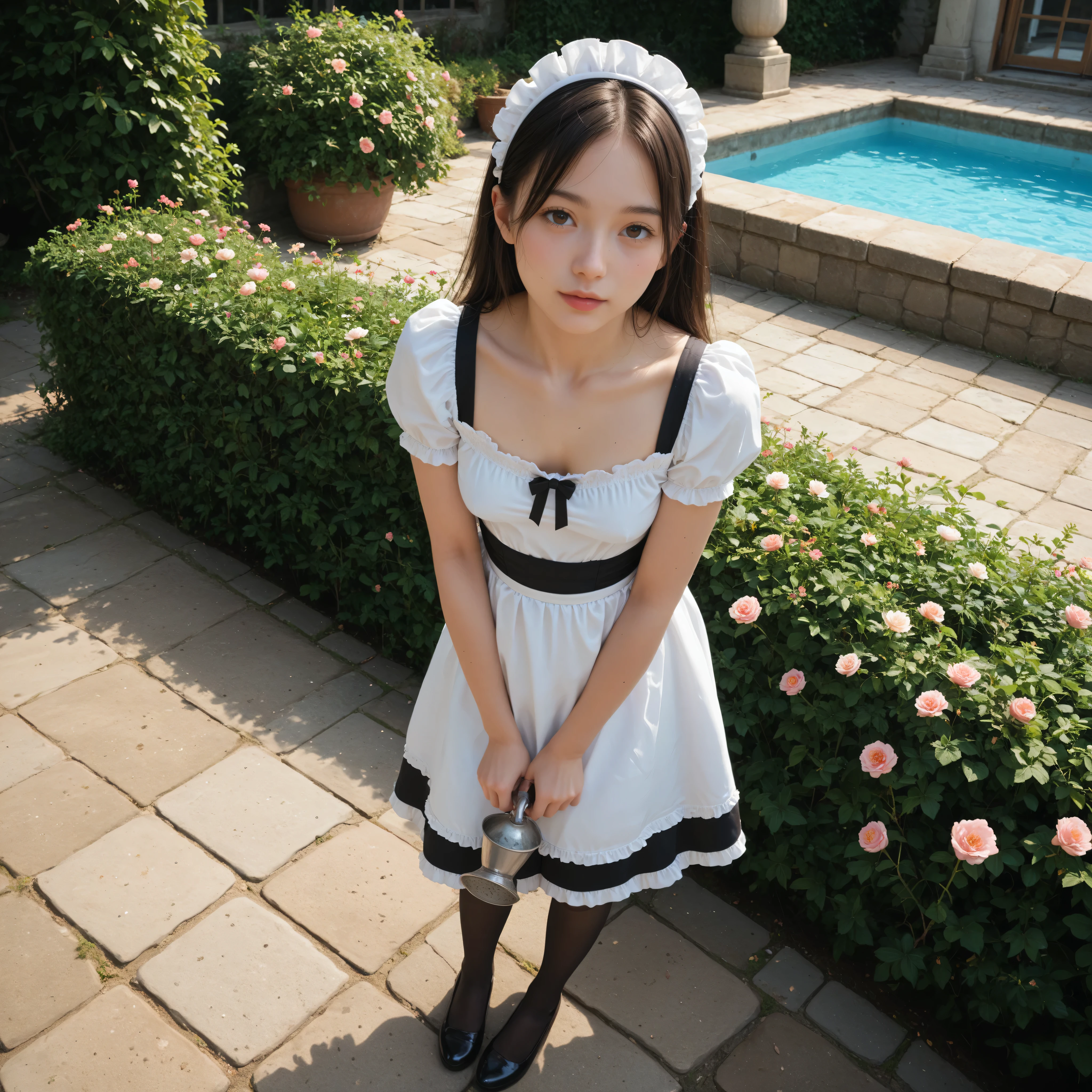 1 girl、maids,watch viewers,(skinny:0.64),(younger:0.60),from above,Leaning Forward,(big boobs:-0.38),is watering flowers outside the mansion,japanese,(Smile Yang:0.24),black lace stockings