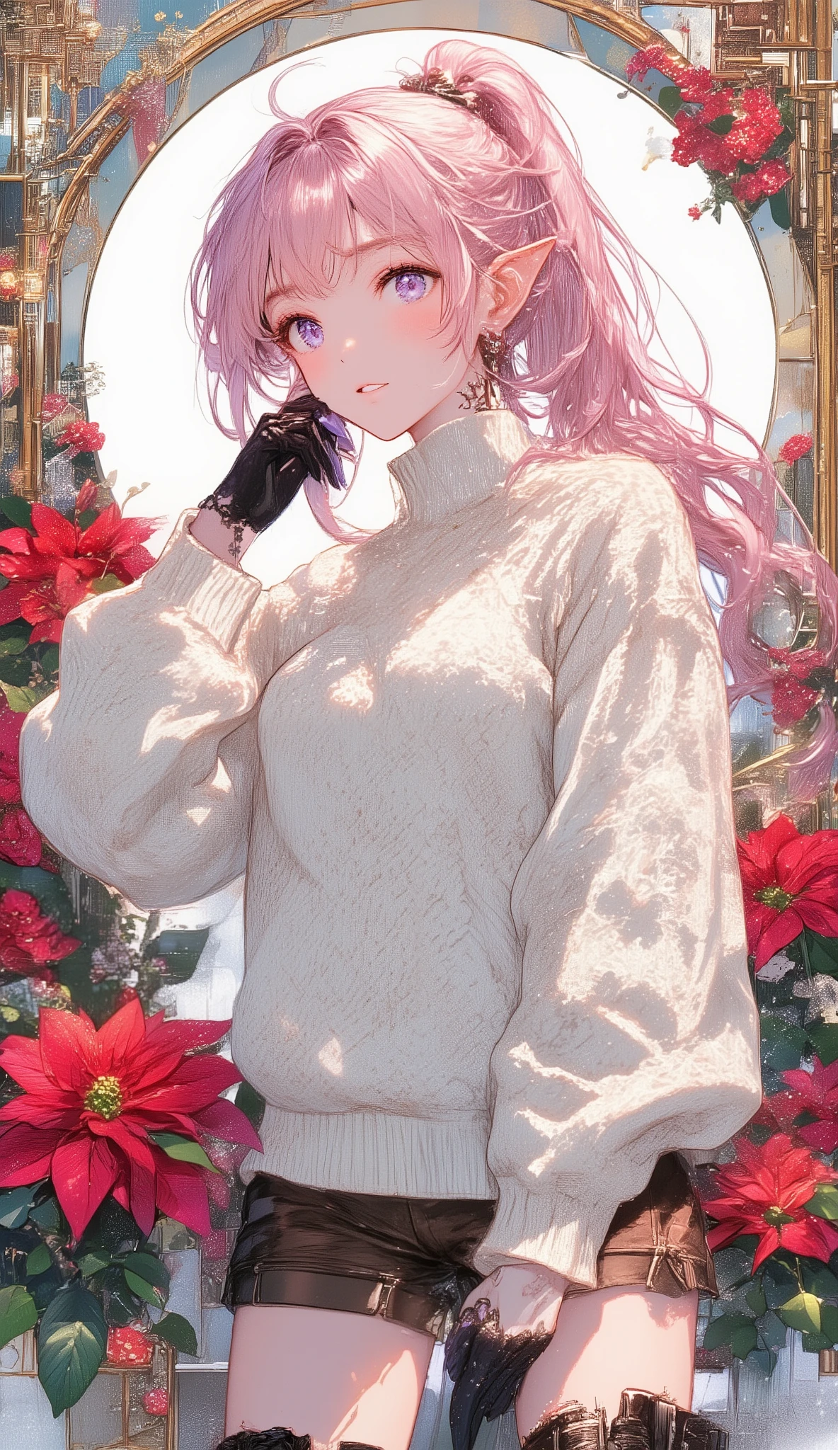 ((best image quality、Japanese Illustration Style))、Artistically drawn、Stunning Portraits of Beautiful Women with Carefully Drawn Details。20 years old、Winter Trending White Feather Knit Sweatersｘlong boots x brown shorts、上品なpink hairの少女。(petite girl、pink hair、long hair、One ponytail、hair between eyebrows、Elf Ears、purple eyes、pink lips、(small flower tattoo on neck)、spot color、Graceful Posture、Purple Claws、Smile Yan) 
Background: (posters、 cover: 1.4)、(Artwork by Alphonse Mucha and Ross Doros: 1.2)、( art deco 、flower art、Botanical Painting)、(Red Poinsettias and Red Roses: 1.2)、Depth、Flat Shading、Multicolor、vivid colors、colorful)、
masterpiece、(top quality)、(Ultra High Definition)、(white circle)Background：1.2 Scenery
Depth of Field：1.4、exquisite details
