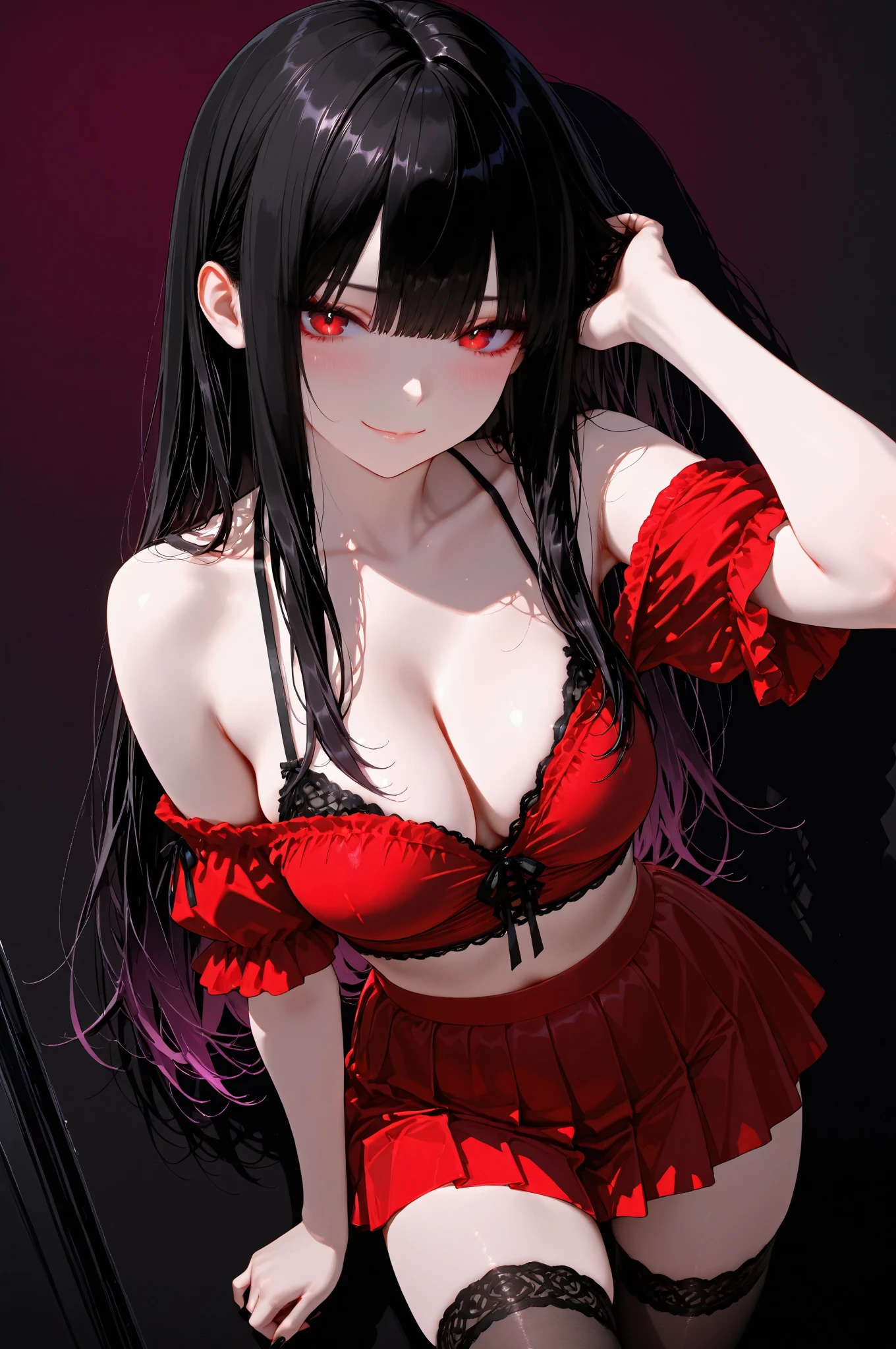 Girl, vampire, medium hair, red eyes, short dress, , looking away, ultra detail, ultra HD, staright hair