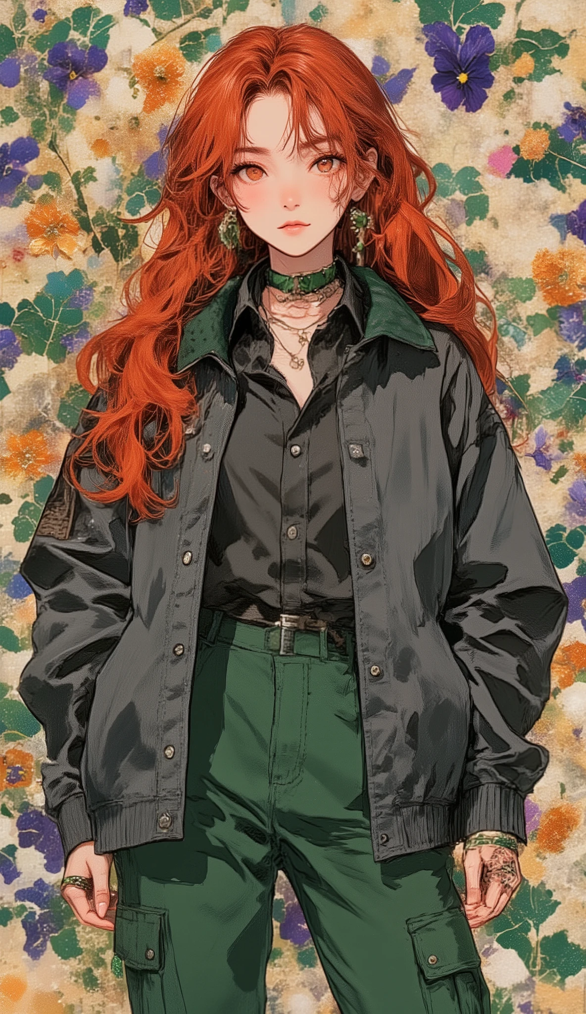 ((best image quality、Japanese Illustration Style))、Artistically drawn、Stunning Portraits of Beautiful Women with Carefully Drawn Details。
Winter trend :dark gray satin shirt、Green Pants、gray velour coat。jacket with artistic depictions and fine details The color、makes a smart impression。cargo pants、doesn't look too casual、creates a modern style。
(Adult Female)upper body、(tanned skin at night、Deep Red Long Hair)、orange eyes、perfect curvy head、long eyelashes on the head、impressive eyebrows 、looks smart、green earrings、necklace、Colorful rings (perfect body)。
Background:( art deco 、Floral、plant)、(「viola」「pansy」)、Depth、Flat Shading、Multicolor、vivid colors、colourful
The masterpiece、(best image quality)、(Ultra High Definition)、
depth of field:1.4、exquisite details