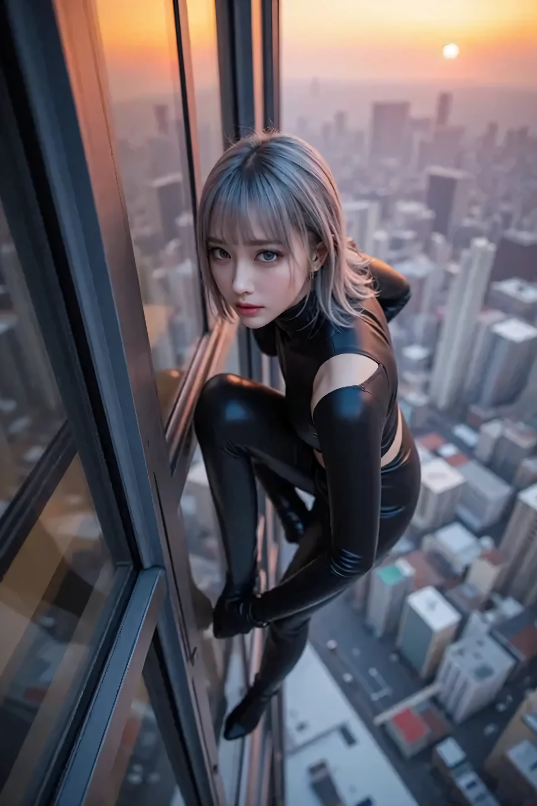 kimono like girls, slender, medium breasts, silver hair, cyberpunk, mechanical , bikini, oiran dystopia, night, silver theme, black theme, fluorescent theme, 