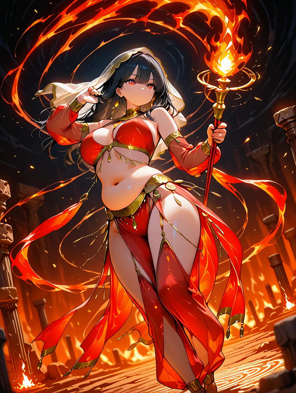 Megumin, magical explosion, fiery red hair, detailed eyes, staff in hand, confident and determined expression, black cloak billowing in the wind, intense battle pose, arcane symbols glowing, majestic background, sparks and flames, vibrant colors, high contrast, dynamic lighting, anime style, (konosuba), shamale, futa, down shot, frontal, sin calzones, ,  al aire, rostro perfecto, obra maestra, perfect , big , big boobs, big ass, perfect , big 