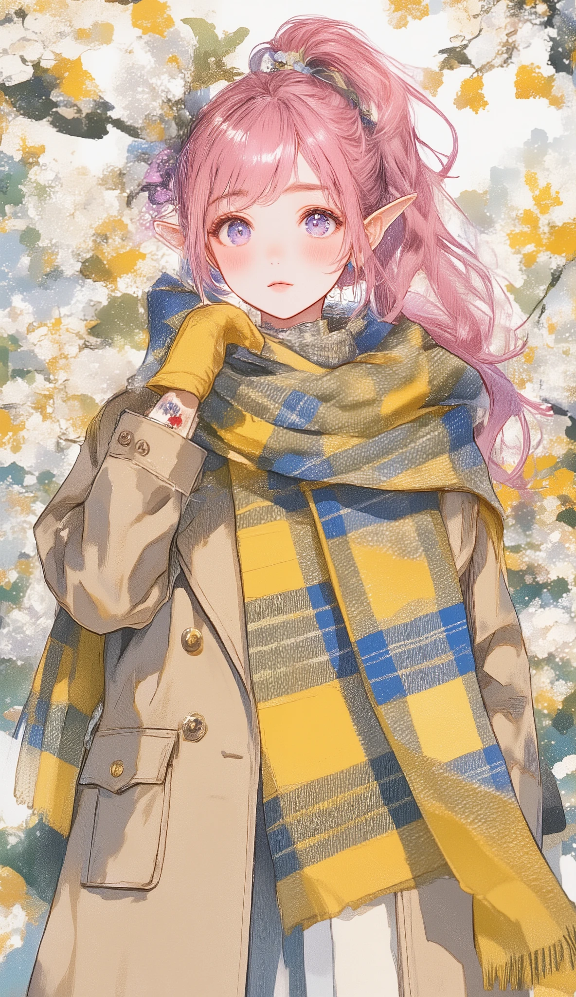 ((best image quality、Japanese Illustration Style))、Artistically drawn、Stunning Portraits of Beautiful Women with Carefully Drawn Details。20 years old、winter trend((Voluminous yellow and blue plaid scarf))ｘlong boots x((beige long coat))、cute mitten gloves、上品なpink hairの少女。(petite girl、pink hair、long hair、One ponytail、hair between eyebrows、Elf Ears、purple eyes、pink lips、(small flower tattoo on neck)、spot color、Graceful Posture、)（（（facial expressions and gestures「Pure」「Close judgment」「Compassion」to visually express)))
（Background: ( art deco 、flower art、Botanical Painting)、(white cyclamen)、Depth、Flat Shading、Multicolor、vivid colors、colorful)、
masterpiece、(top quality)、(Ultra High Definition)、
depth of field：1.4、exquisite details