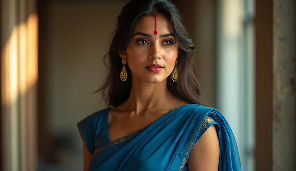 Woman in typical Indian dress, Blue gate in the background, half-length shot, Sunny day, high-quality photo