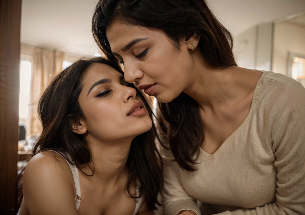 2woman, ((48 years Old)) ((Hjab Indonesian Mature woman)), Wet Tank Top, big , lesbian couple, sharing passionate Kissing and groping ??????, ??????? sensation.