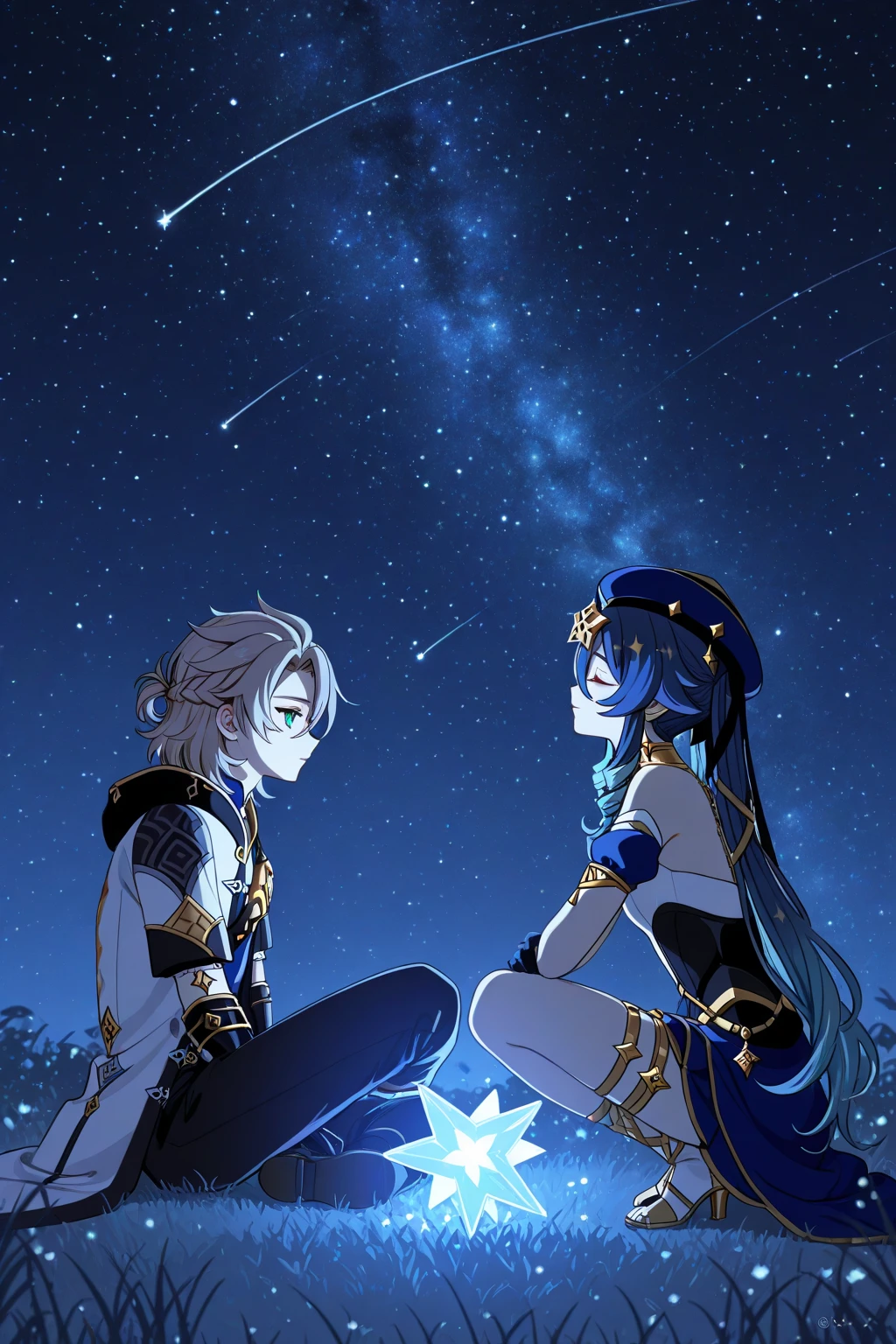 Humanize the planets Neptune and Uranus,let Neptune be a woman and Uranus be a man, Neptune is smiling and hugging Uranus and Uranus is happy and nervous.