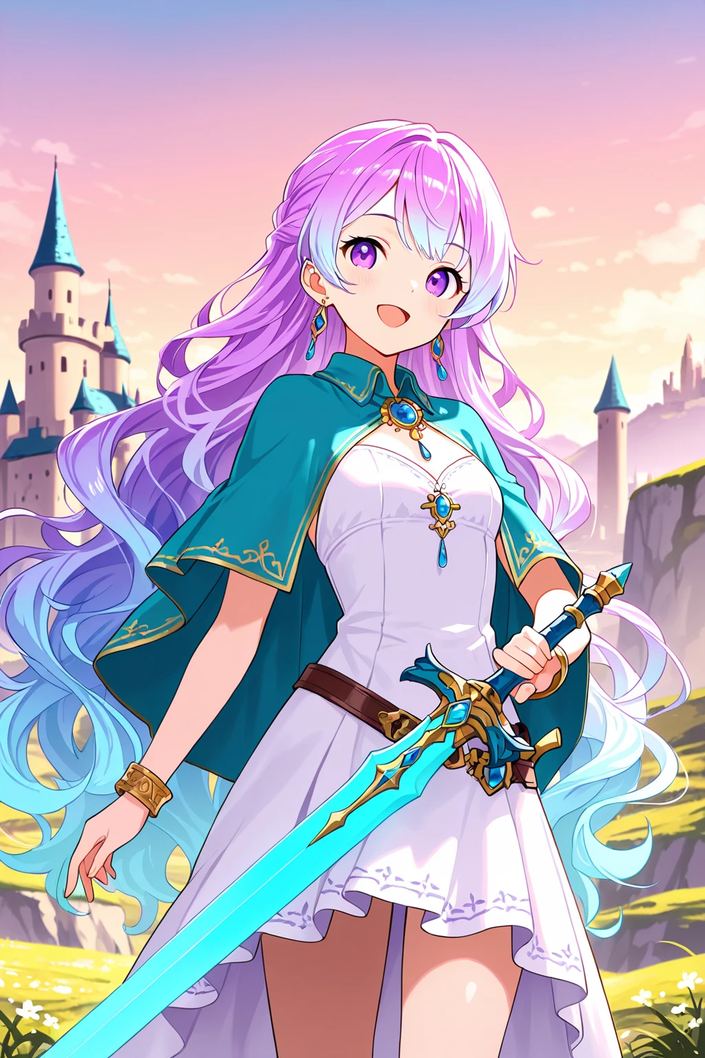 Extreme details, flawless, Aerial view, Like a work of art, Anime girl with ice and snow sword, Pink hair and purple long skirt complement each other, Staring at the god Ayakahara in the distance, Leads us to the world of the Genshin.