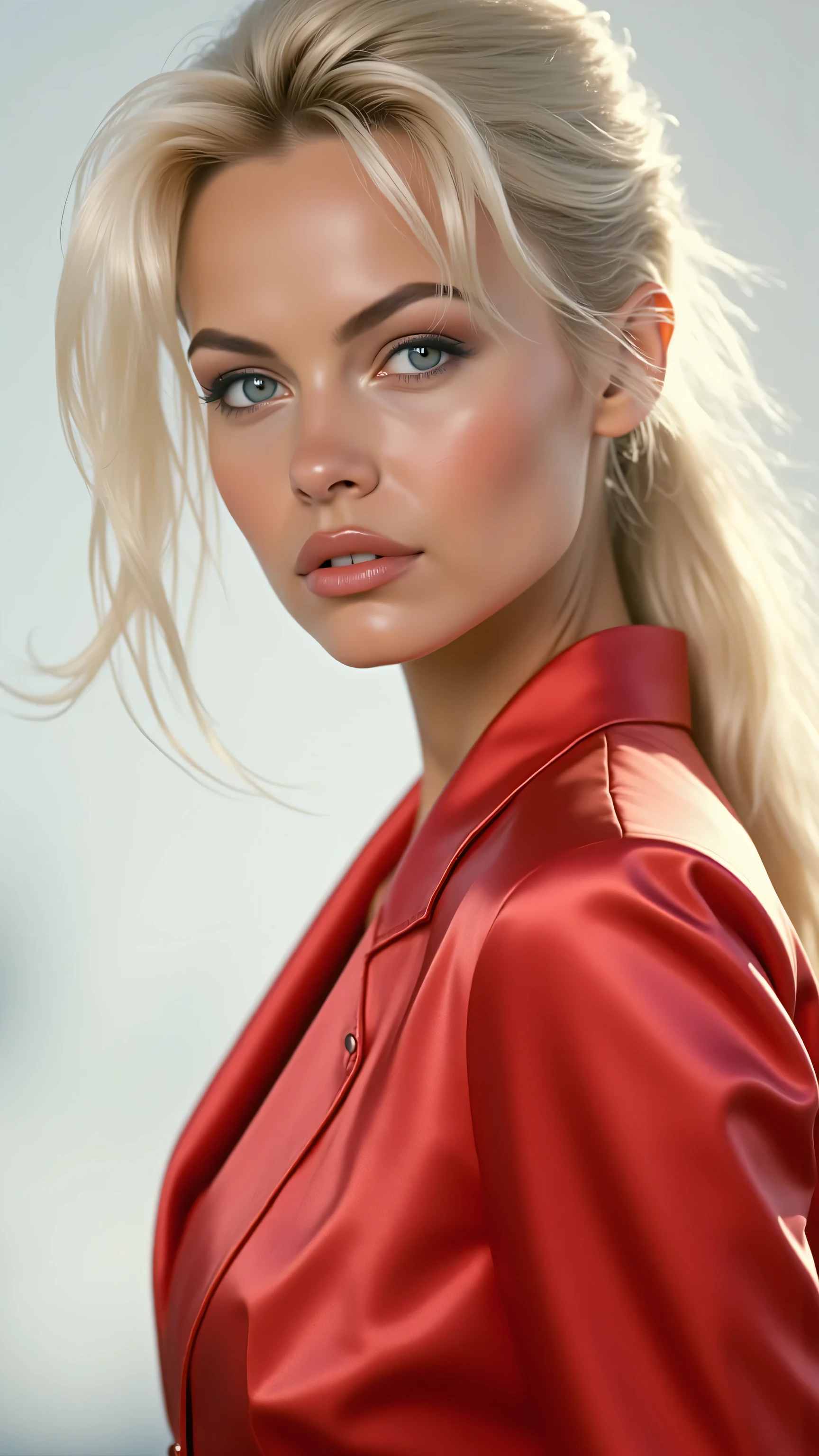 ultra-realistic photography,Modell,Frau,white hair, Pferdeschwanz. blaue Augen.very pretty. Blonde is beautiful red/white satin trendy suit