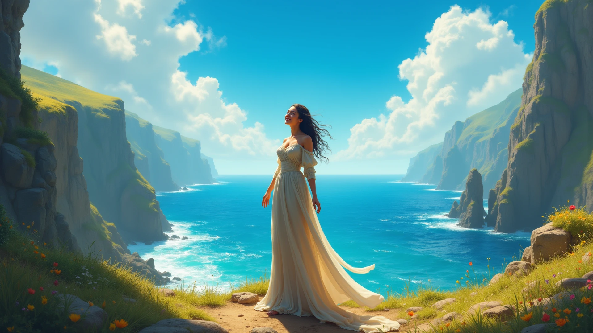 A woman sitting on a rock looking out at the ocean - SeaArt AI