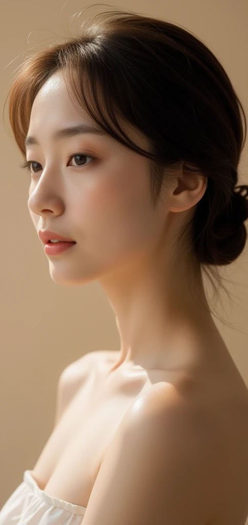 (photorealistic:1.5), artistic composition, professional studio photography of a Korean star 23-year-old woman posing naturally and spontaneously, lively gaze, oval face, high cheekbones, straight nose, clear rounded eyes, (full lips:1.2), delicate chin, natural hair, highly detailed skin, natural skin texture, pale skin, professional dramatic lighting