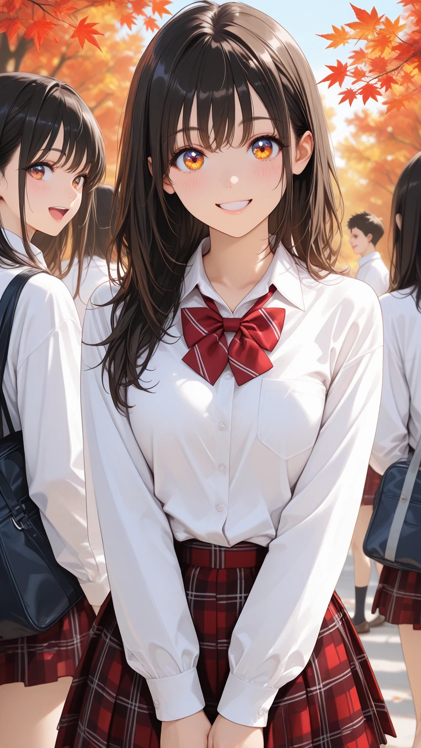 long hair, looking at viewer, blush, smile, open mouth, bangs, blue eyes, (multiple girls:1.4), skirt, brown hair, shirt, black hair, short sleeves, brown eyes,  long hair, squatting, white polo shirt, pleated skirt, outdoors, , shoes, day, socks, striped, collared shirt, hand up, 3girls, bag, plaid, kneehighs, nose blush, plaid skirt, brown footwear, flying sweatdrops, loafers, grey skirt, school bag, diagonal stripes, train station