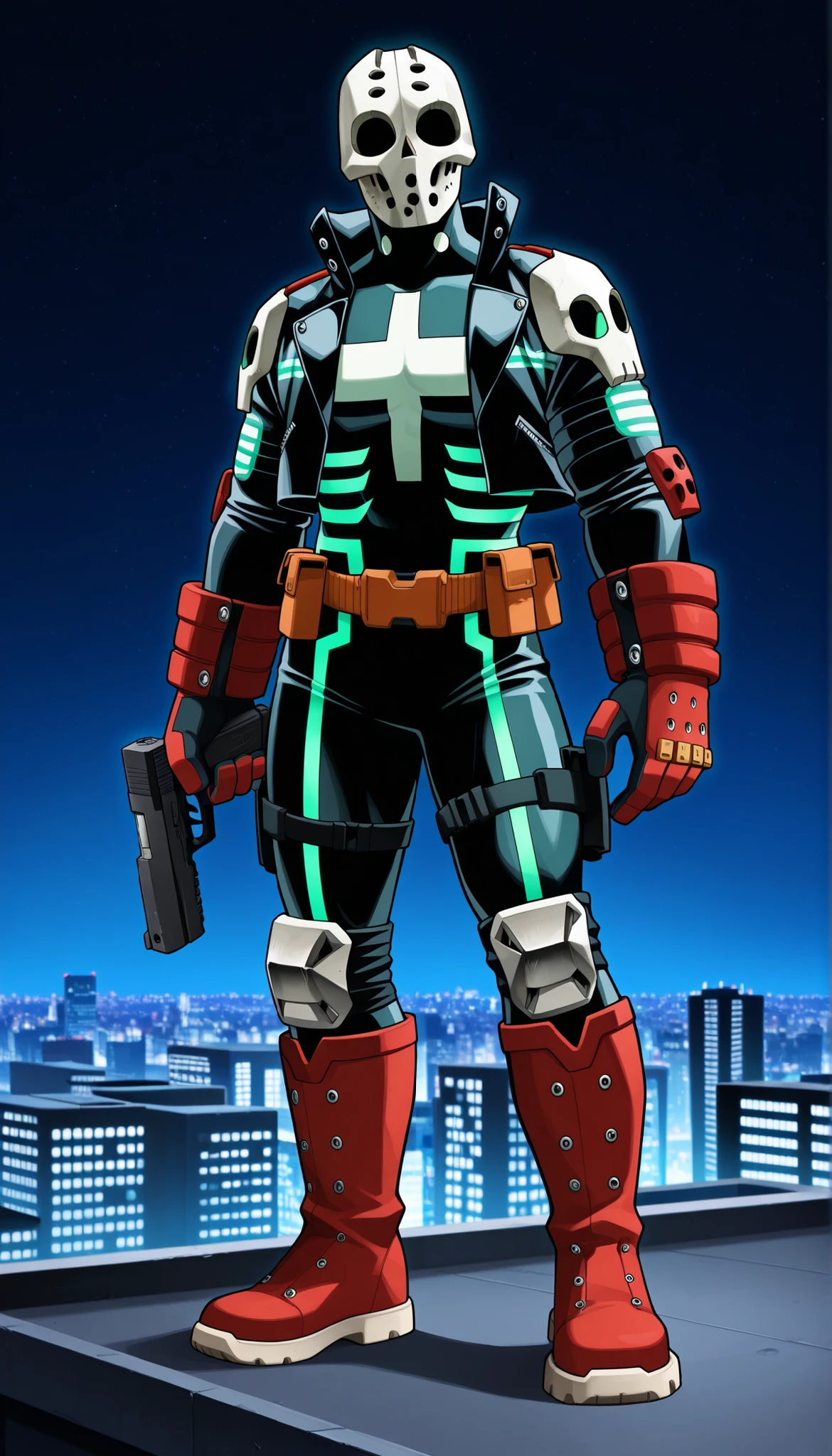 ((Highest Quality)), ((Night Roof Background)), (My Hero Academia Style), standing, (1male), (Male), solo, slender body, athletic body, slim body, standing, Full Body, full body bodysuit, black bodysuit, metal knee pads, metal elbow pads, (Red tactical gloves), (Red tactical knee boots), (Two-tone open Jacket), (leather cropped jacket), hidden hair, hidden face, hidden eyes, hidden mouth, hidden skin, holding two Glock Gun, Glock Gun in each hand, two Glock guns, metal hockey mask, no hair, no skin, small metal shoulder pads, black tactical belt, back tactical body harness, pouched harness, pouched belt, (Neon Green Bodysuit details), (Neon white details on jacket), (Long sleeves), (loose jacket), (Black Jacket), At night, on a rooftop, city at night,  Neon Green Skull logo design on chest, Skull logo design on chest, Neon Green Skull logo on chest, ((Punisher's Cosplay)), ((Punisher's outfit)),