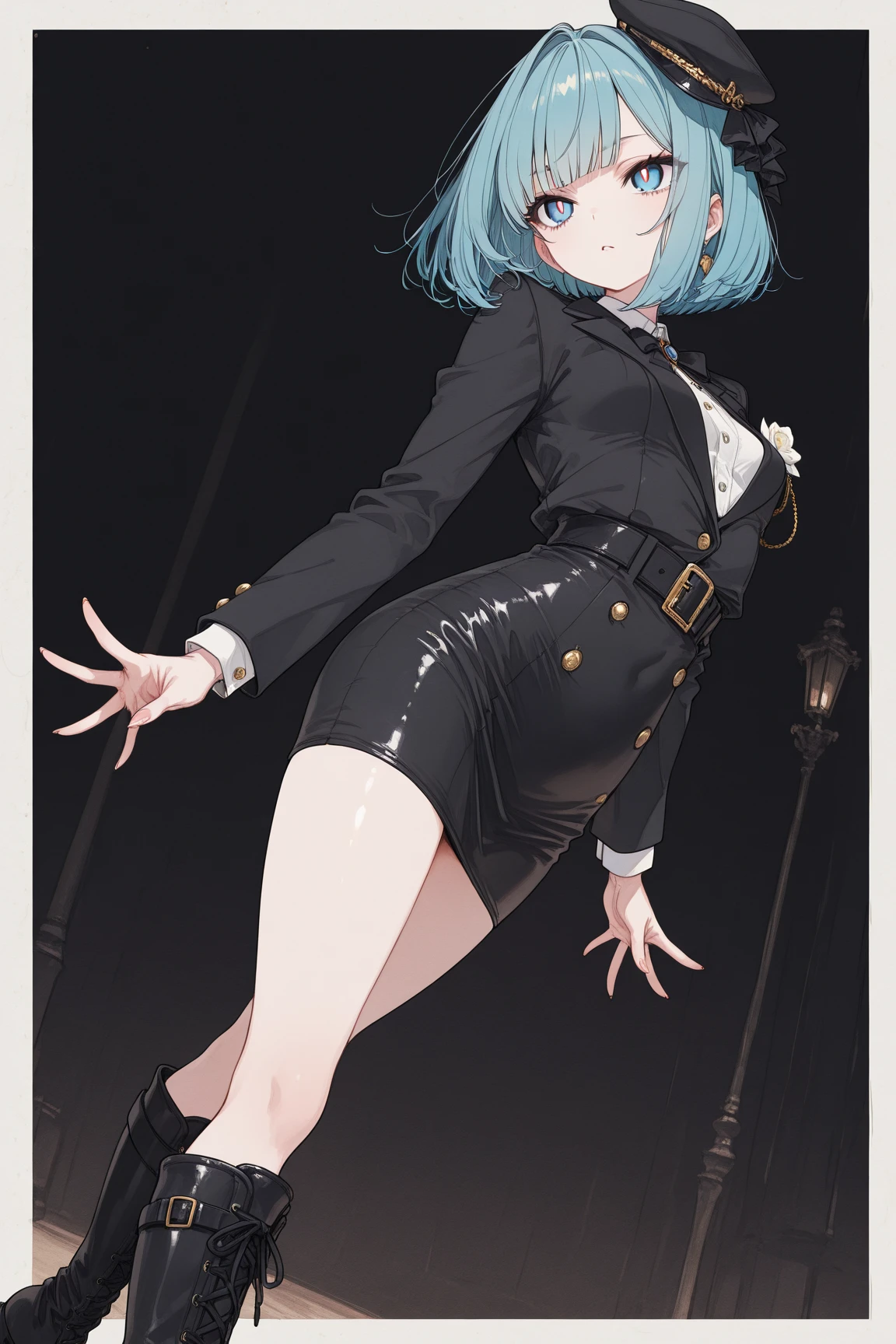 ((Perfect Face)),Purple Hair,Very short hair,1 female,,Black vest,Roll up your sleevesＹshirt,tie,slit,High heels,,((Simple Background)),smile,((Full Body)),((full body)),