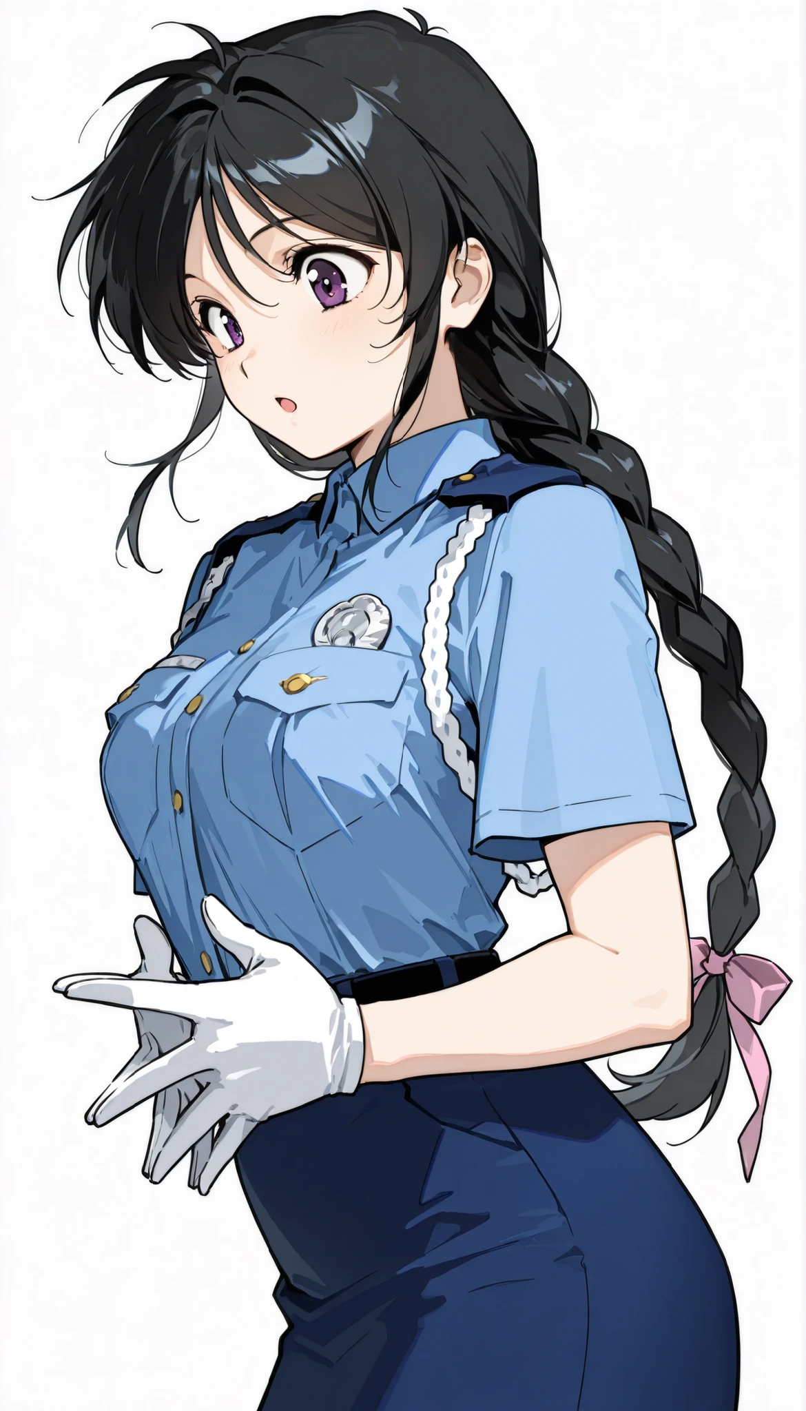 { score_9, score_8_up, score_7_up, } { { } } { masterpiece, high quality, best quality, highres}
BREAK
[ (You're Under Arrest)_Artstyle_LoRA  : 1990s \(style\) : hentai_Artstyle_Lora  : NSFW ]
BREAK
[ , solo, 1girl, 
AEMiyukiK, purple eyes, black hair, long hair, braided ponytail, hair ribbon, Pink bow, big eyes, 
Police uniform, blue shirt, breast pocket, short sleeves, White gloves, blue skirt ] [ , adult, mature, perfectly fit body, , perfectly medium breasts ] [ ,, surprise, :o face, looking down at own body, hands in front of chest, open palm, standing, side eyes, side view]
BREAK
[  ]]
BREAK
[ White background , blank background, alone ]