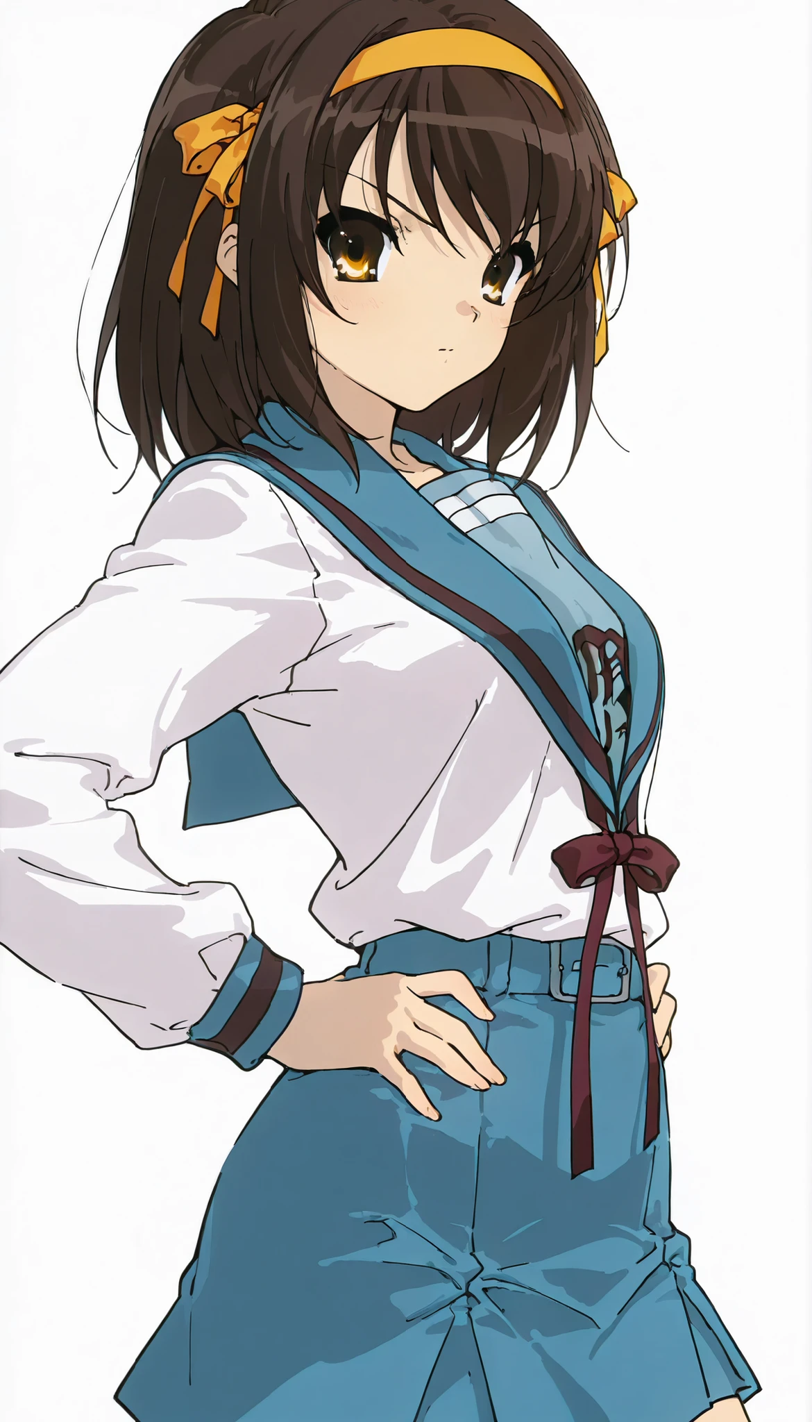 { score_9, score_8_up, score_7_up, } { { } } { masterpiece, high quality, best quality, highres}
BREAK
[ (Suzumiya Haruhi no Yuuutsu)_Artstyle_LoRA  : hentai_Artstyle_Lora  : NSFW :  ]
BREAK
[ , solo, 1girl, haruhi suzumiya, short hair, brown hair, brown eyes, hairband, medium hair, ribbon, hair ribbon,
skirt, long sleeves, school uniform, serafuku, sailor collar, blue skirt, blue sailor collar, winter uniform, kita high school uniform, ] [ , mature,  perfectly fit body, , perfectly medium breasts ] [ hands on hip, :o face, looking at viewer, side view]
BREAK
[  ]]
BREAK
[ White background , blank background, alone ]