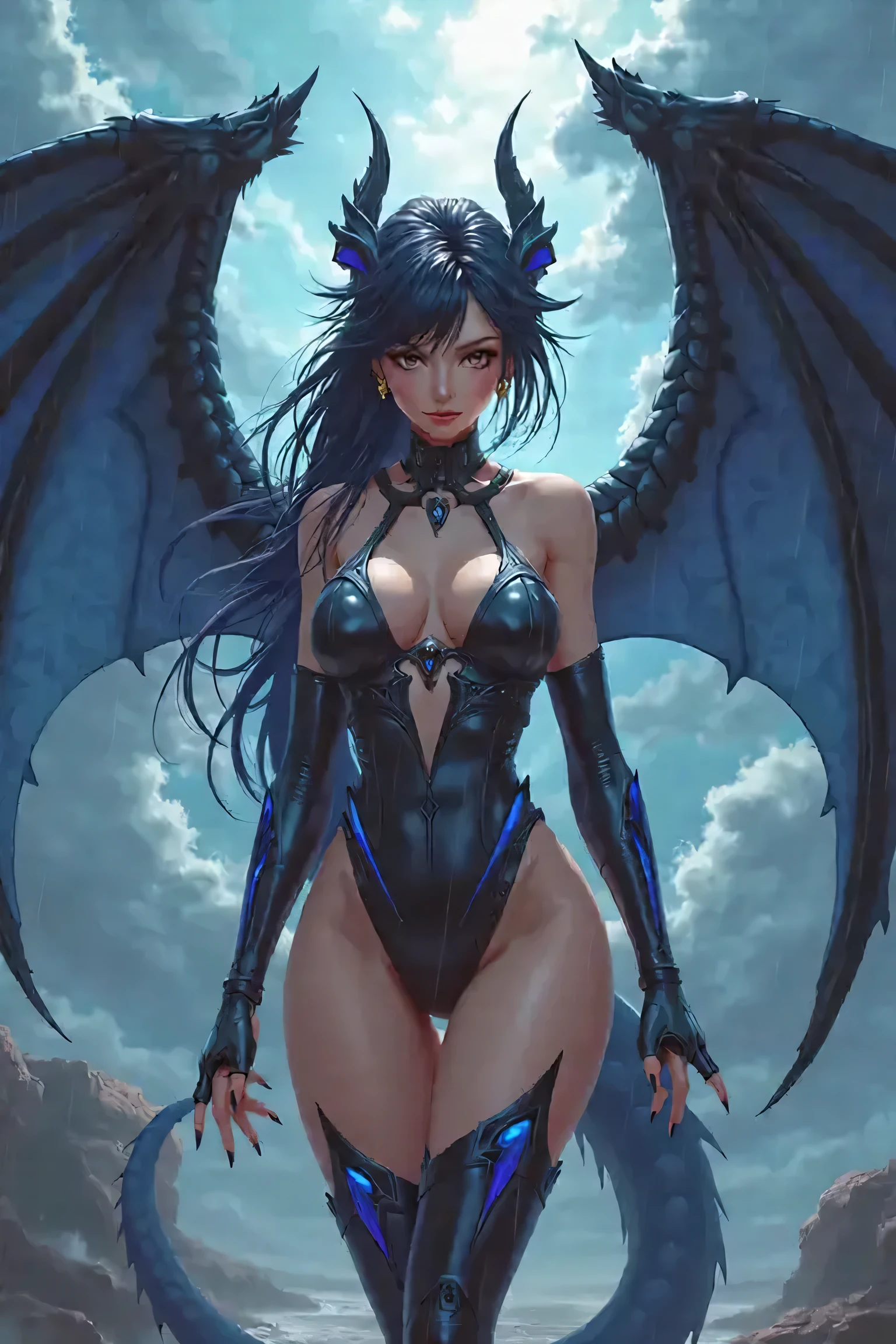 giant girl 50,000 feet high，Have a pair of long legs，Possessing a pair of huge demon wings，Has blue waist-length hair，Loose hair，Wearing a pair of Mary Jane shoes，Blue curly hair，A look of enjoyment，Standing tall in a small town crowded with people, destroying them wantonly，It seems like an invincible existence，Beautiful appearance，Exquisite makeup，perfect lighting，quality，8k,high quality,(governor:1.5)，Aerial View，perfect proportions, Cinema lighting, film grain, Fuji colors, chiaroscuro, 8k, textured skin, Super details, high detail, high quality, high resolution,