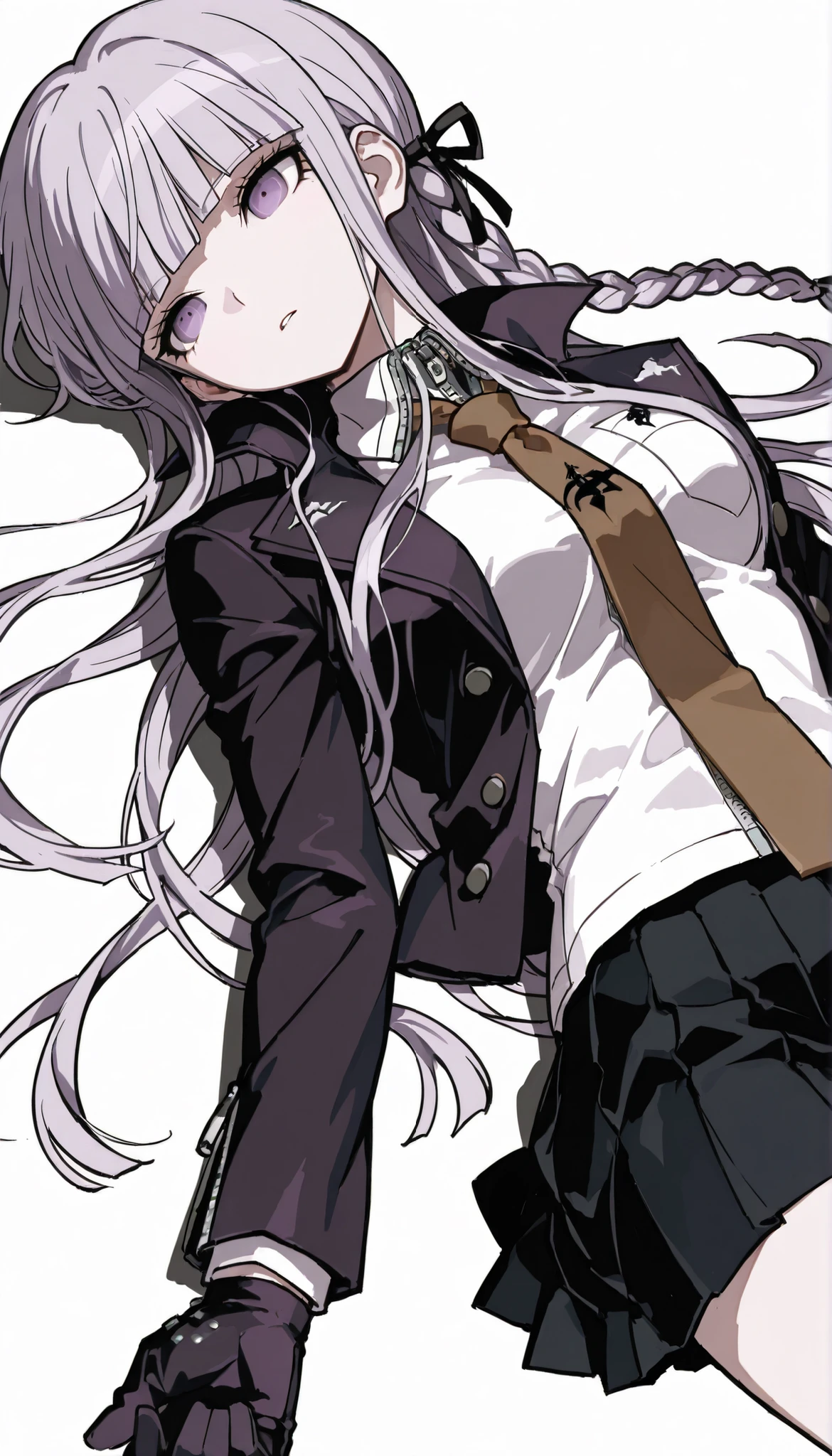 { score_9, score_8_up, score_7_up, } { { } } { masterpiece, high quality, best quality, highres}
BREAK
[ (Danganronpa)_Artstyle_LoRA  : hentai_Artstyle_Lora  : NSFW  ]
BREAK
[ , solo, 1girl, kyouko kirigiri, long hair, bangs, ribbon, purple eyes, hair ribbon, purple hair, braid, single braid, side braid,
skirt, shirt, gloves, long sleeves, jacket, white shirt, pleated skirt, open clothes, necktie, collared shirt, black skirt, open jacket, black jacket, black ribbon, brown necktie,,, ] [ , adult,  perfectly fit body, , perfectly medium breasts ] [ , lying down, blank eyes, lifeless, emotionless , parted lips ]
BREAK
[  ]
BREAK
[ White background , blank background, alone ]