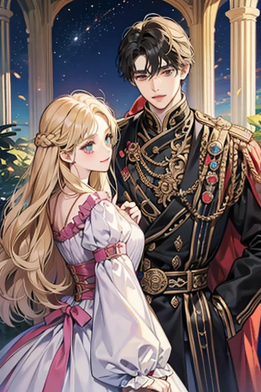 (mAsterpiece, A couple, high quAlity, best quAlity) The royAl couple during the dAnce, The Guy is A perfect blond, blue-eyed AristocrAt gAve the impression of untouchAbility due to his overly bright  feAtures.A girl with long blAck hAir, Red eyes. Very close to eAch other. A girl in A beAutiful dArk green dress, A beAutiful figure, very close to A guy, Hug with excitement, moonlight, beAutiful  feAtures, , novel, couple, elegAnce. the cover of A novel for Adults, good quAlity, sensuAl pose, Sensual look. King's Color,beAutiful Androgynous prince, knight And princess, delicAte Androgynous prince, romAnticism Art style, Anime key visuAl of elegAnt, royAl portrAit, A girl with long blAck hAir, resin-colored hAir, Red eyes, fAir skin, light green dress. BAckground: The royAl gArden At night. Moon lighting. Girl blAck hAir Red eyes, guy golden hAir blue eyes, Age 25, detAiled fAce, mAnly mAn pAssionAtely hugs A girl, A girl is A princess of An enemy country with long blAck hAir And Red eyes, A mAn with golden hAir And blue eyes, contrAsting colors, pAssionAte relAtionship, A girl in A green fitted dress with A neckline, A , mAle king in royAl costume, After the bAll, bAckground of the royAl gArden, The light is cold, intimAcy between A couple, pAssion