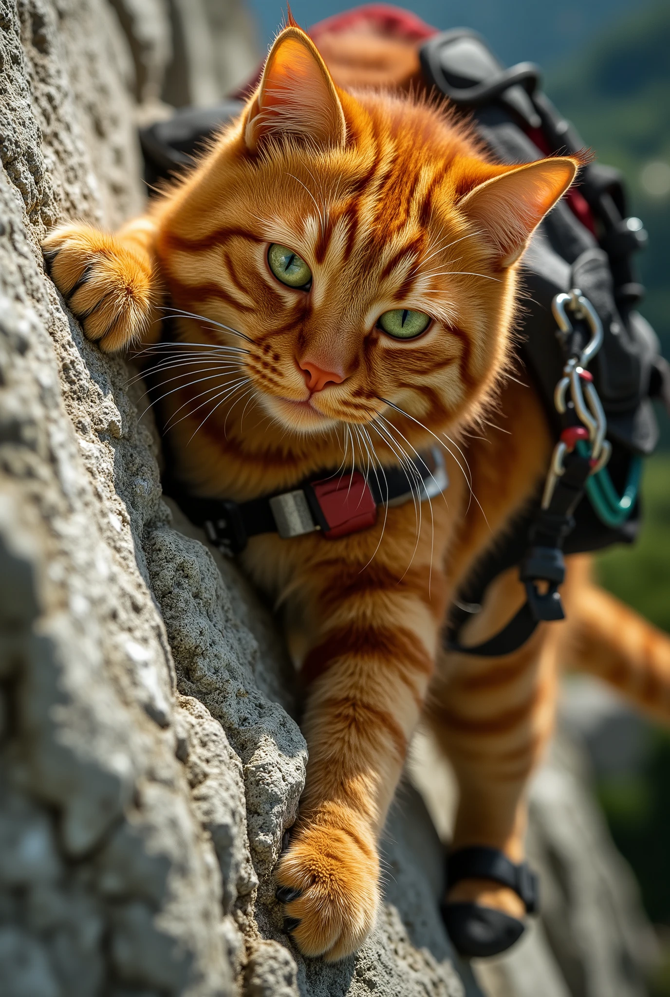 Image: Close-up, photorealistic. A red-haired anthropomorphic mountaineer cat with thick fur and a mustache in slow motion. He froze at a critical point on a vertical limestone cliff. His powerful, soft paw in a climbing shoe searches for a micro-clue on a rough surface with amazing accuracy. The other paw is tense, holding onto a small pocket. Her bright green eyes are narrowed in extreme concentration, and her mustache is wary. A drop of sweat runs down his forehead under his helmet. The harsh side sunlight highlights the texture of the rock, wool, and carabiners on its harness. The depth of field is low, the background is blurred