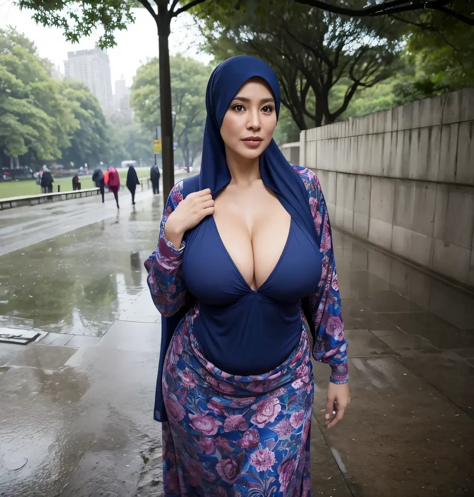 56 years Old, Indonesian Hijab milf, Ultra Droopiest gigantic saggiest longest mature ???? : 96.9, wearing tight Gamis, Wearing Tight Bra, Her bra cannot cover her Gigantic ??????, Busty body, Wet body, rainy atmosphere, heavy rain, at central park, full body, gravure Idol, Cold Situation