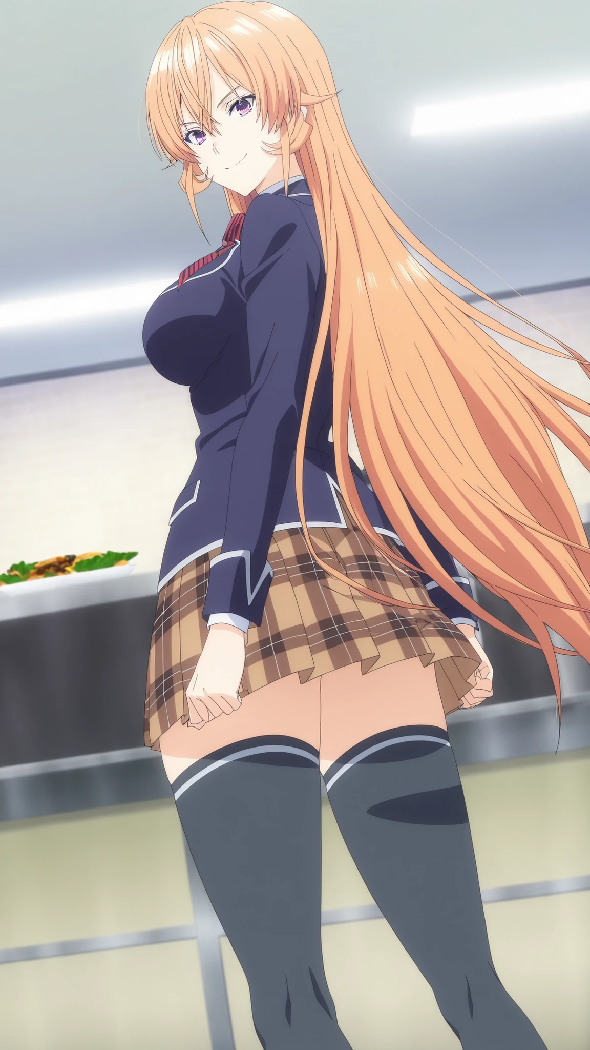 anime coloring, source_anime, hires image, masterpiece, best quality, newest, masterpiece, best quality, 4k, 1girl, long hair, orange hair, purple eyes, hair between eyes, skirt, thighhighs, bow, school uniform, jacket, pleated skirt, shoes, black thighhighs, zettai ryouiki, plaid, plaid skirt, blazer, smile