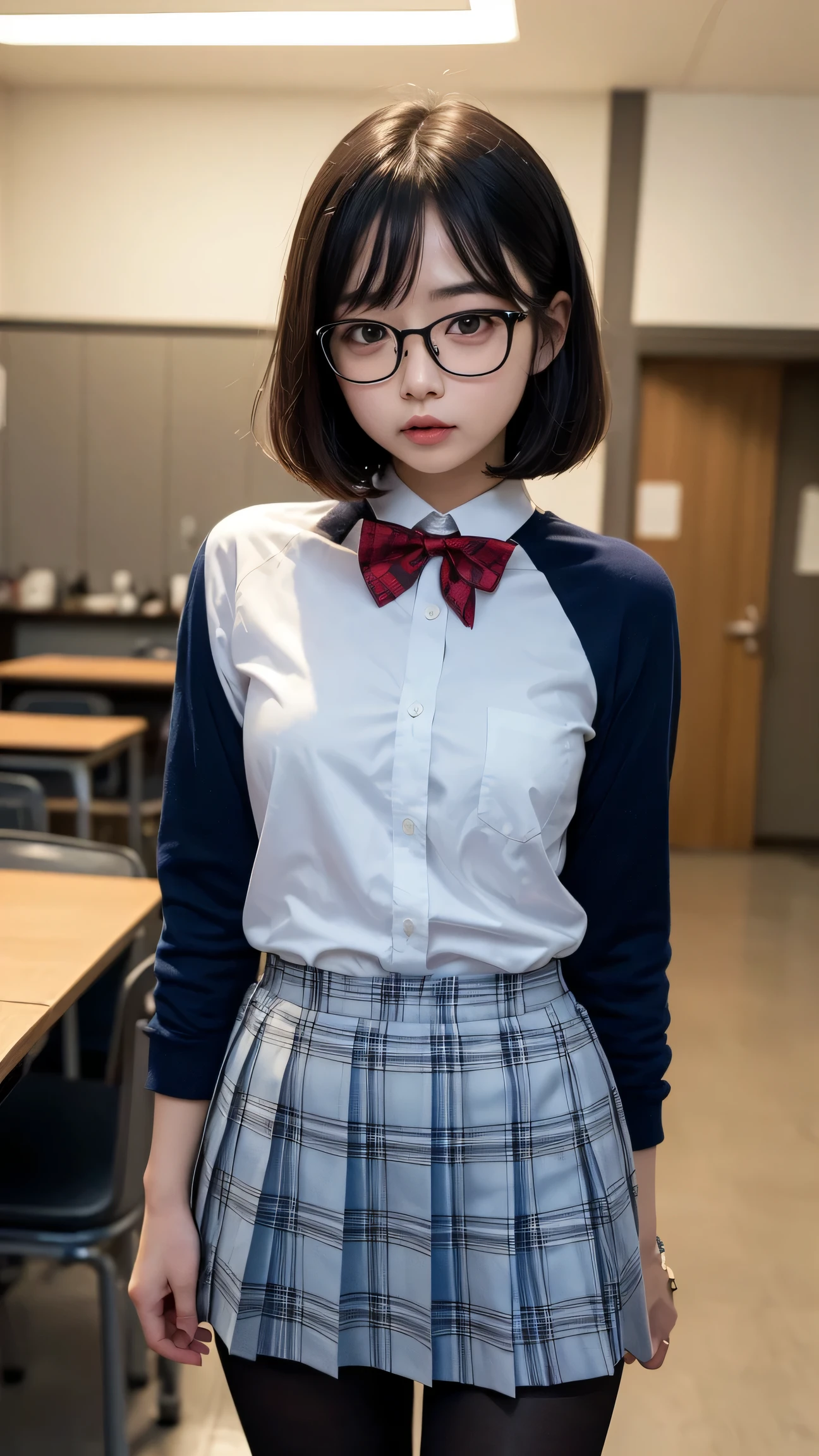 (long pony tail),（8K、Raw photography、top-quality、​masterpiece：1.2),glamor,Chromo-white skin,cocky,School,watching at viewers,Looking at the front,Muchimuchi,,Pupils,(Light blue  seen through the shirt),de pele branca,kne,((Black pantyhose)),absurderes,a small face,small tits,flat breast,Parting the bangs from the middle、Forehead visible,(a cold expression,Tight eyes,glares,Bullish,skinny,Rasping,irate)、​masterpiece,top-quality、超A high resolution,Raw photo,ren,Beautiful fece,One Person, 独奏,eye glass,,Dark look,Small breasts,fullllbody,Round glasses,JK school uniform,hi-school girl,A Japanese Lady,is standing,（Photorealsitic：1.37）、Photon mapping,Realistic、Beautie,Cute little face,Brown-eyed、Black socks、(Red bow tie)、Radio City、Physically Based Rendering、depth of fields、Blurry background、a picture,Body,beauty legs, Long legs, Thin leg,(Bangs are visible), hair, s lips, Blue_The eye, nosesoft,(Light blue shirt), (Navy and blue and white plaid pleated skirt), Knees are visible,Sheer clothing,, Thigh, Black cotton socks,Nogizaka Idol, 女優, Japanese ido