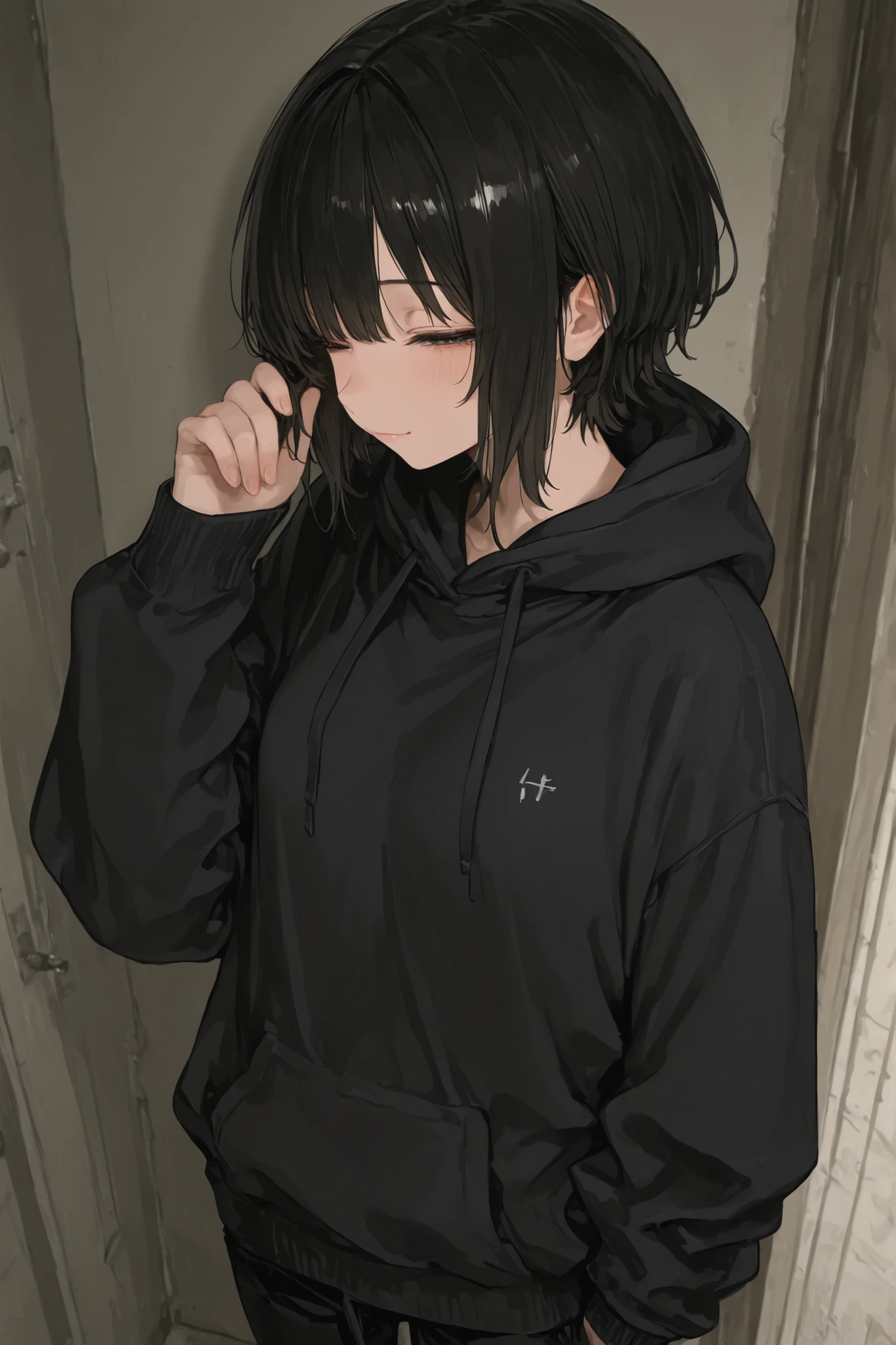 ((top quality)), ((Masterpiece)), ( details), animation、top quality、details, one wonen, black short hair, almost closed eye, black hoodie, black pants, litte smile